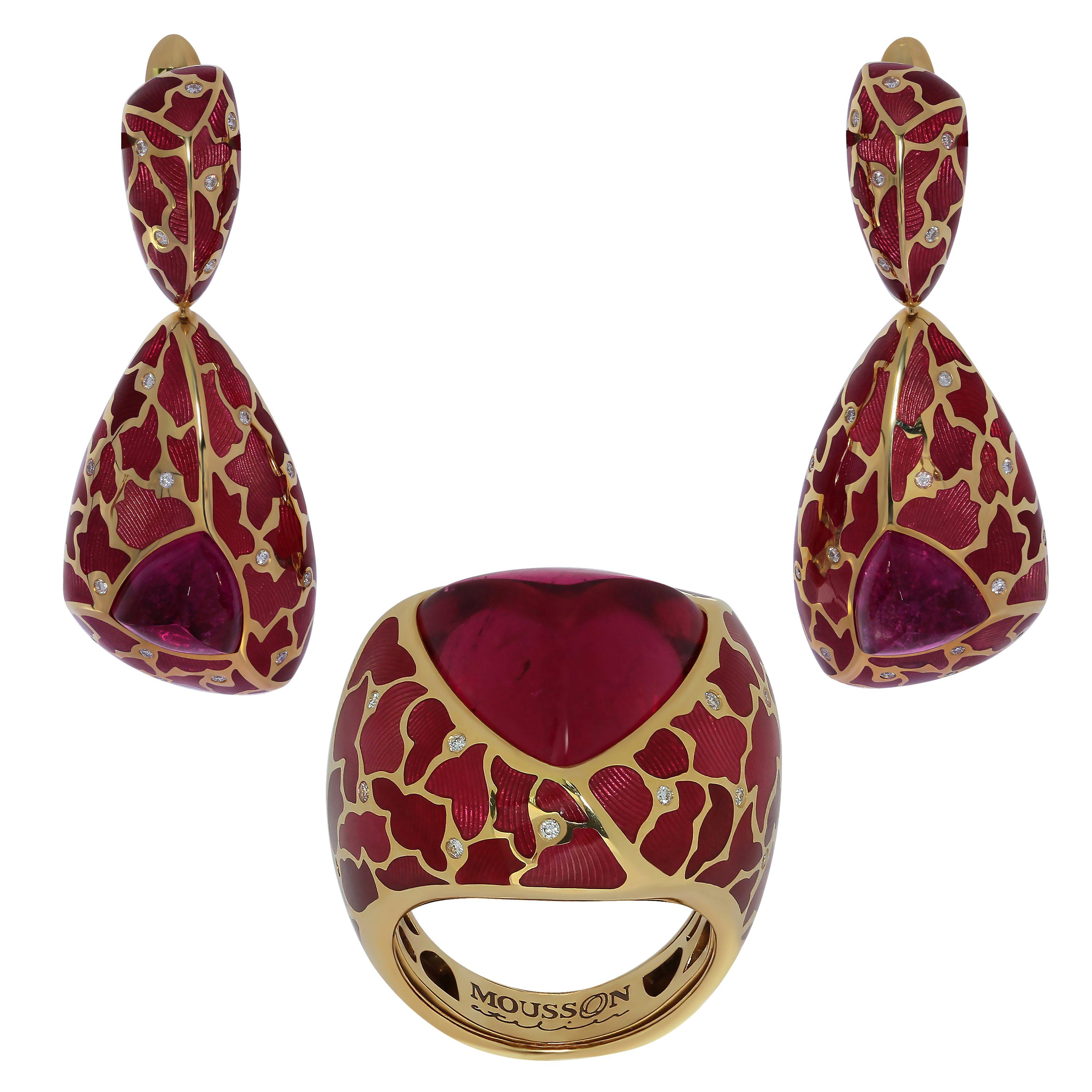 Rubellite Diamonds Enamel 18 Karat Yellow Gold Suite