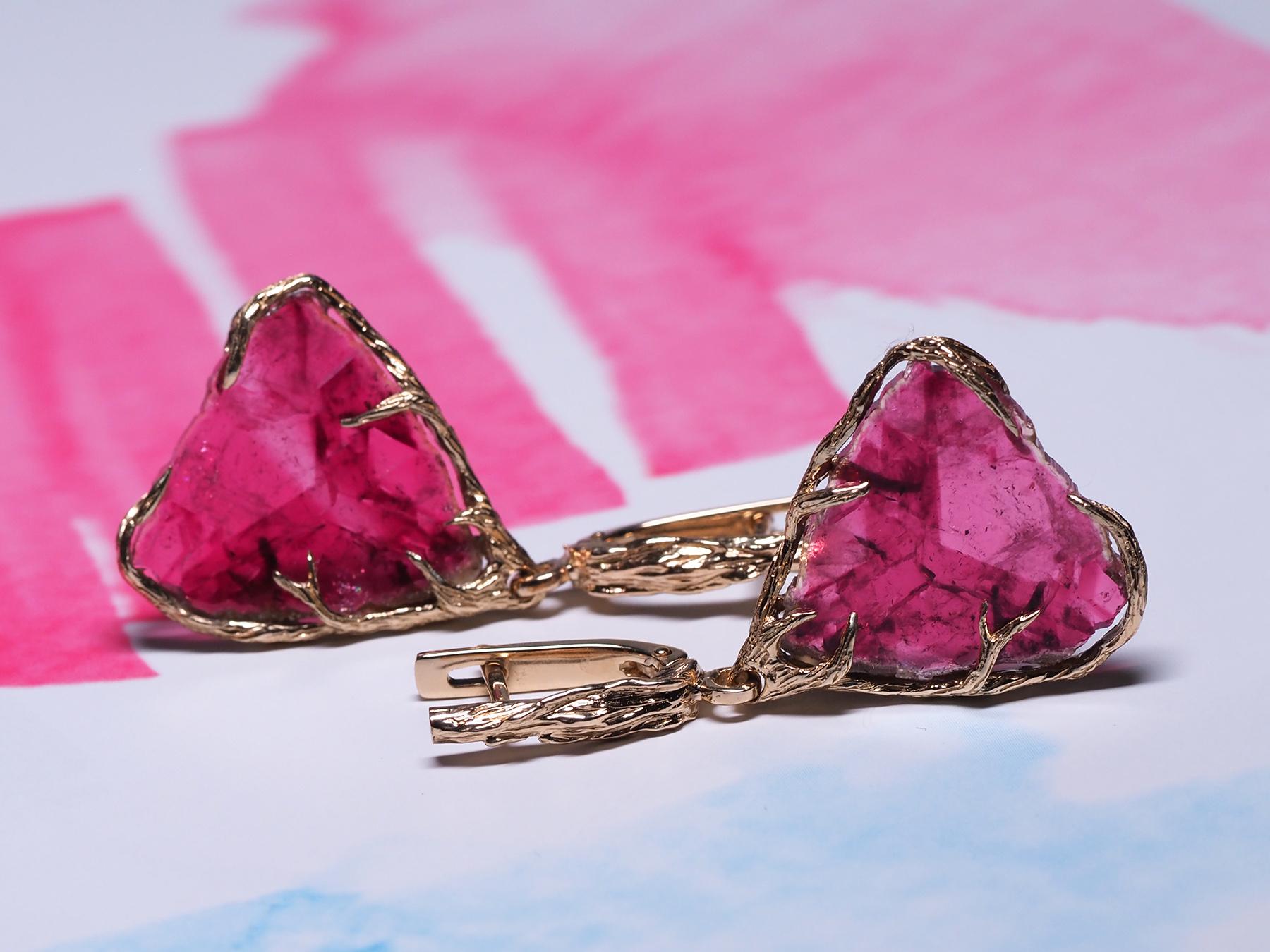 Rubellite Earrings Gold Natural Red Pink Tourmaline Gemstone Art Nouveau Style For Sale 1