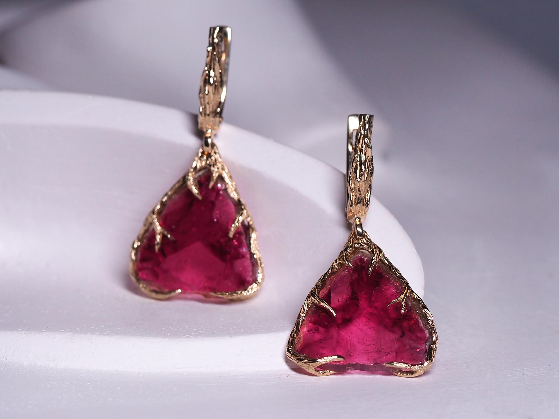 Sliced Natural Rubellite Tourmaline Dangle Earrings in 14k Textured Gold

Inspired by the earth’s incredible beauty, these exquisite hand made rubellite tourmaline dangle earrings are truly one of a kind in craftsmanship and innovative creation. Two