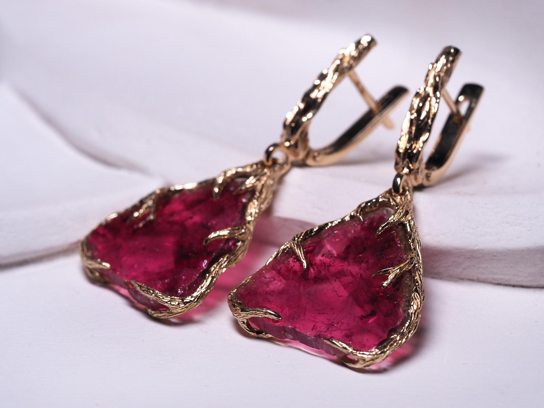 Aesthetic Movement Rubellite Earrings Gold Natural Red Pink Tourmaline Gemstone Art Nouveau Style For Sale