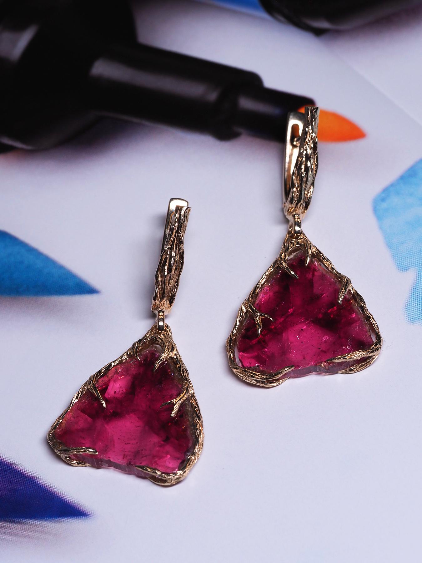 Uncut Rubellite Earrings Gold Natural Red Pink Tourmaline Gemstone Art Nouveau Style For Sale