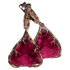 Pendientes Rubelita Oro Rojo Natural Turmalina Rosa Piedra Preciosa Estilo Art Nouveau
