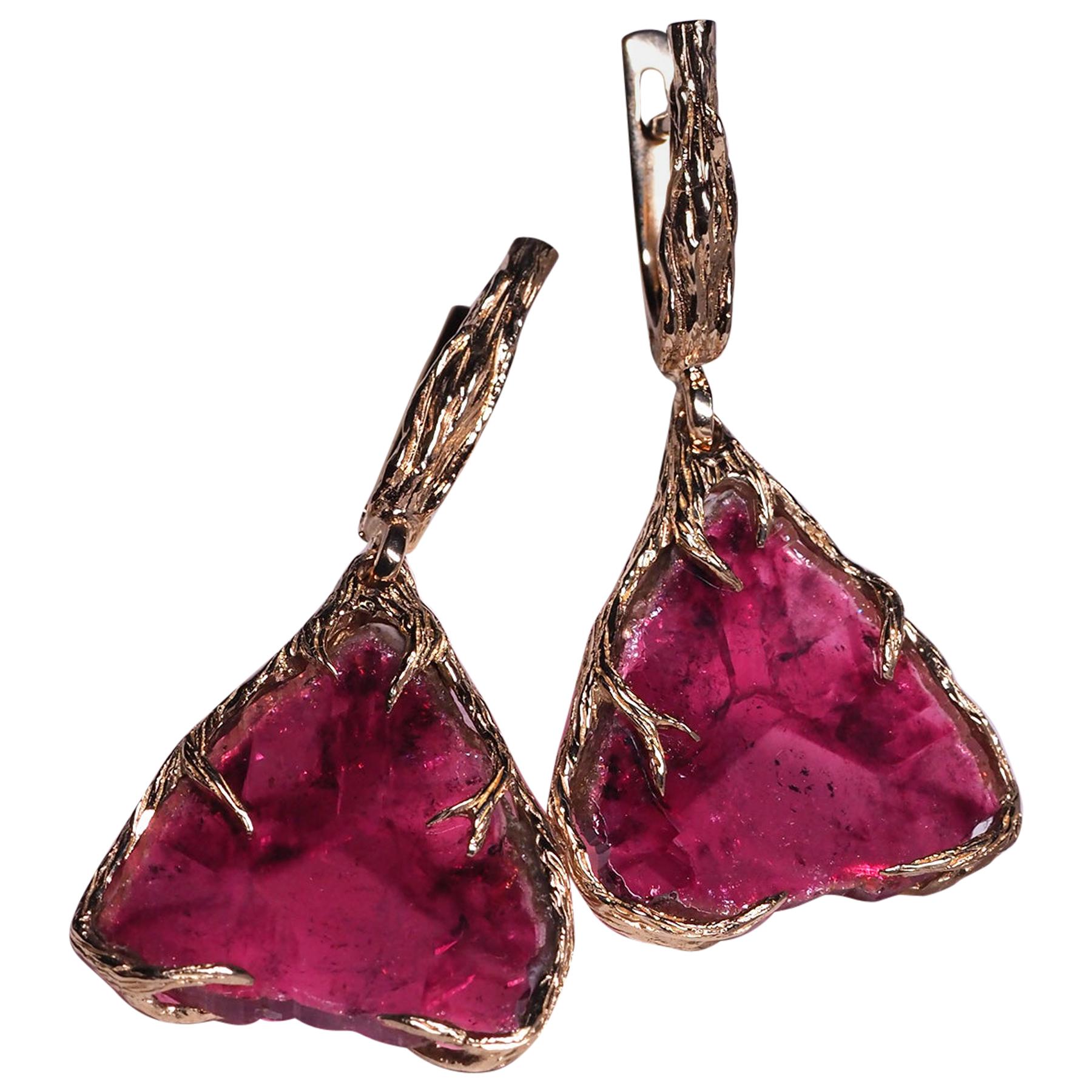 Rubellite Earrings Gold Natural Red Pink Tourmaline Slice Gemstone