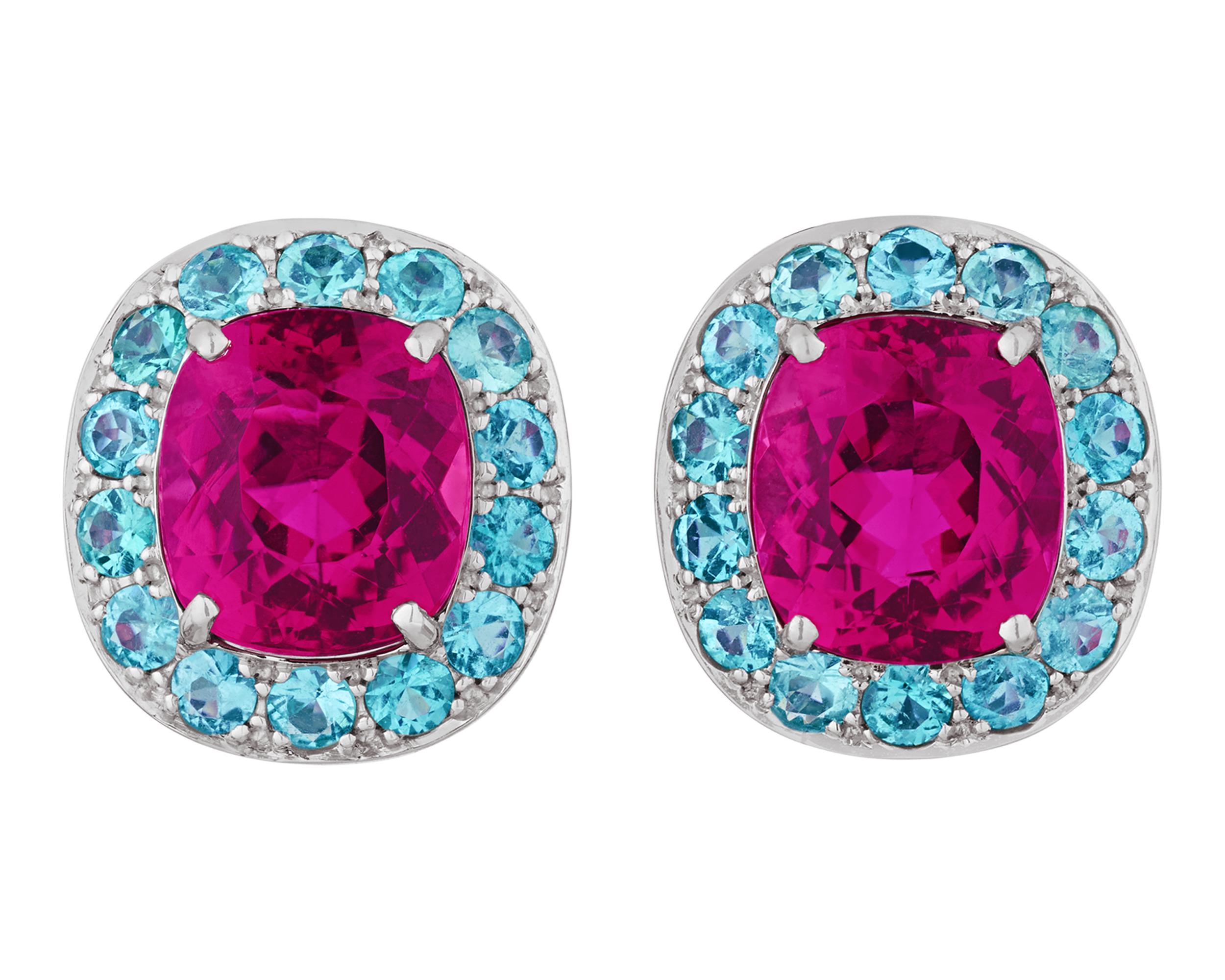 Cushion Cut Rubellite Earrings With Paraiba Accents By Oscar Heyman, 4.55 Carats For Sale