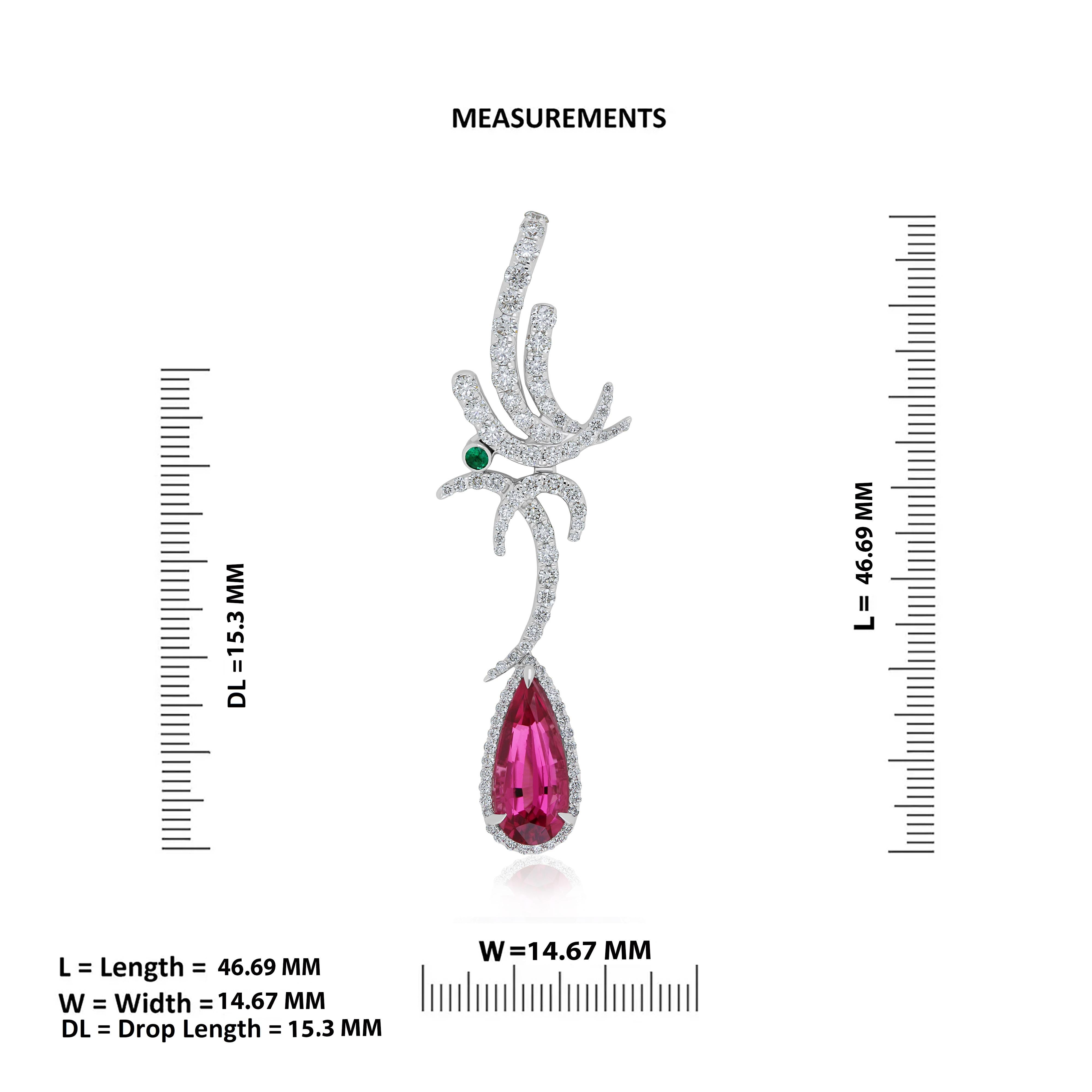 Women's Rubellite, Emerald and Diamond Studded Pendant in 18K White Gold  For Sale