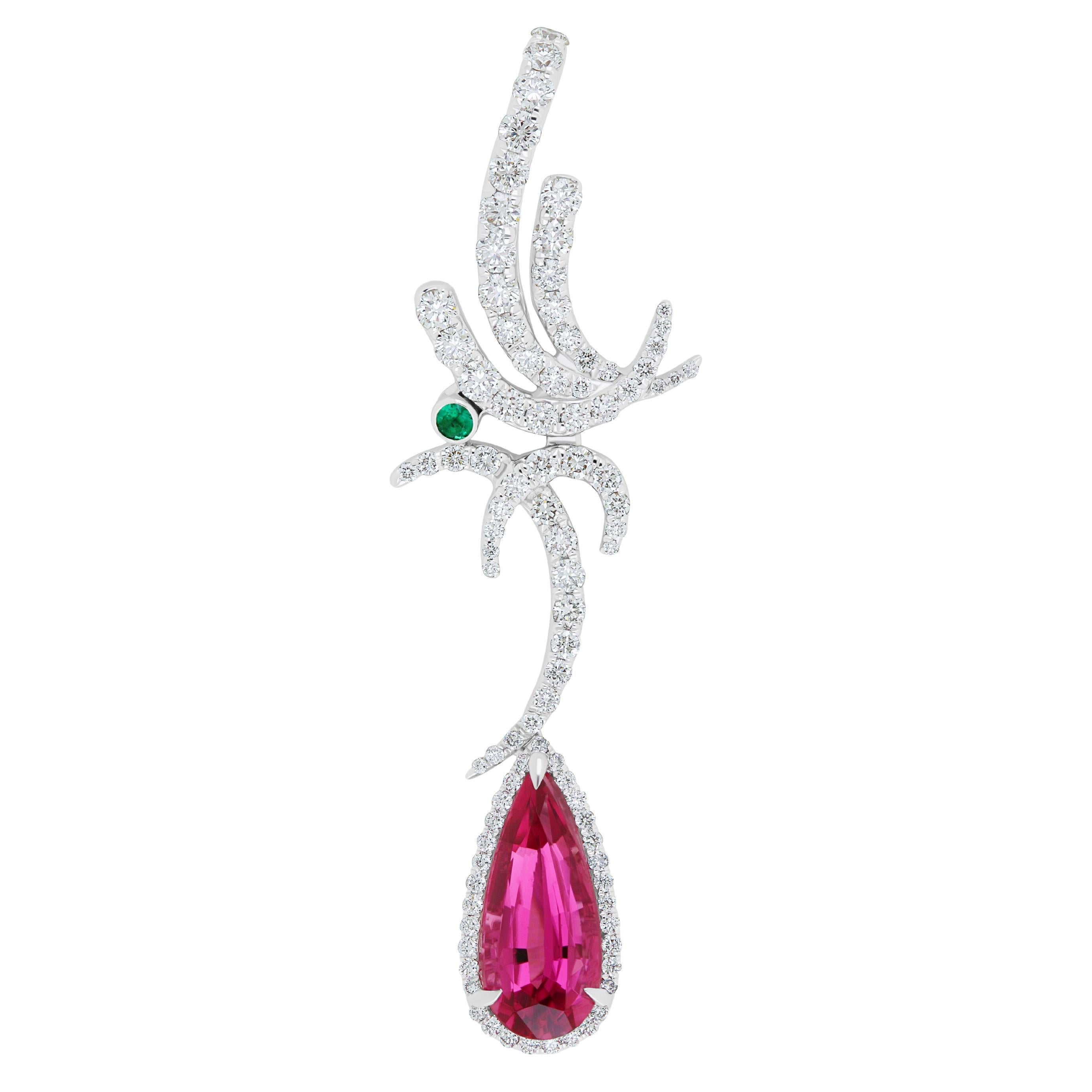 Rubellite, Emerald and Diamond Studded Pendant in 18K White Gold  For Sale