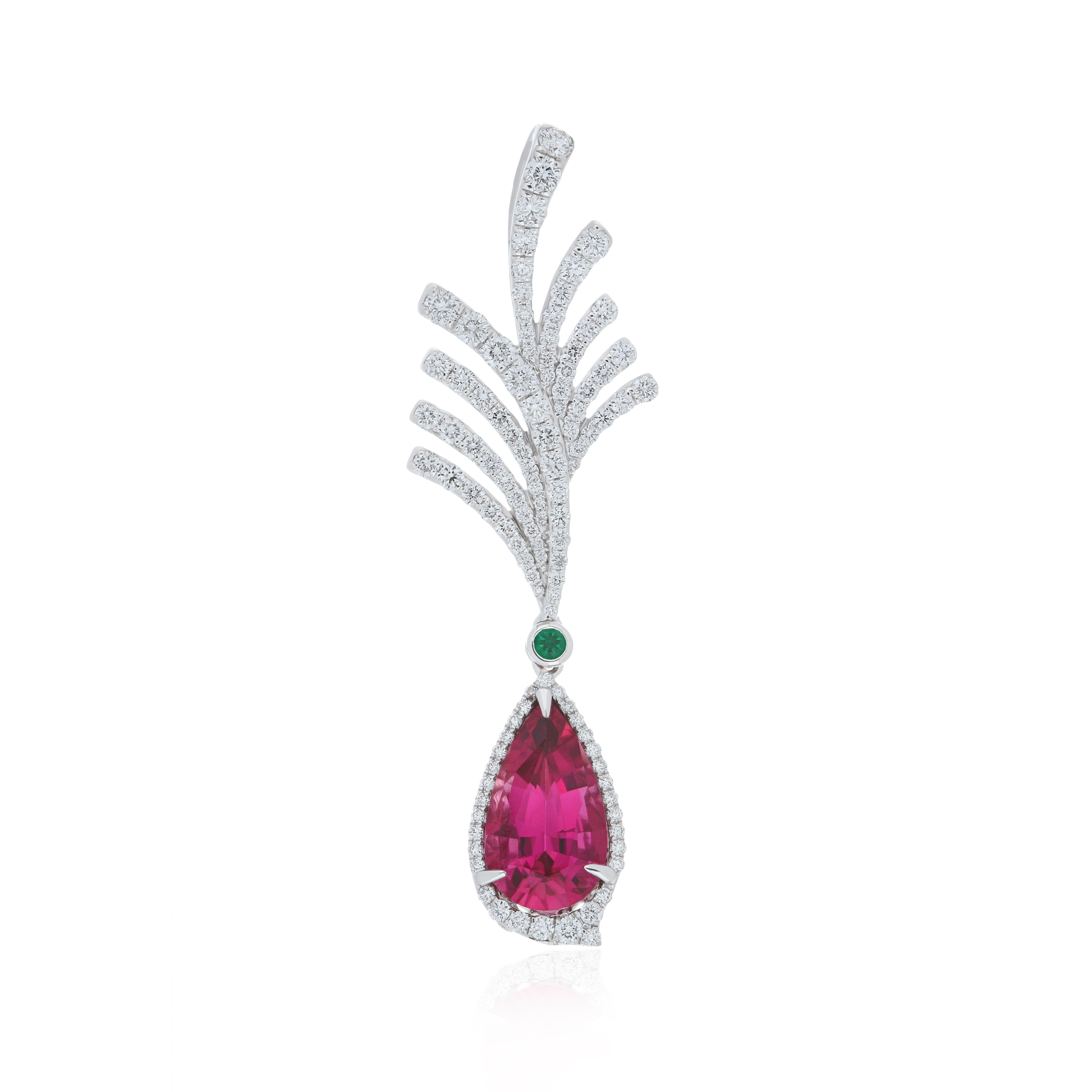 Rubellite, Emerald and Diamond Studded Pendant in 18K Whtie Gold In New Condition For Sale In JAIPUR, IN