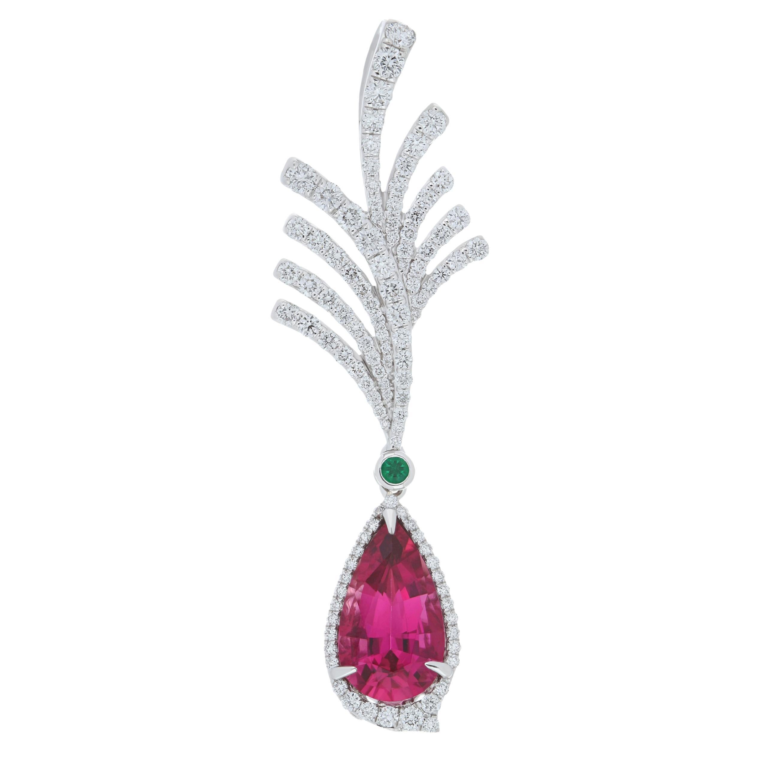 Rubellite, Emerald and Diamond Studded Pendant in 18K Whtie Gold For Sale
