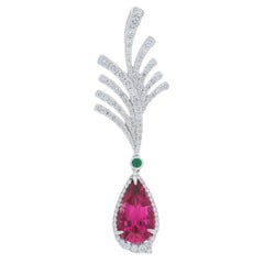 Rubellite, Emerald and Diamond Studded Pendant in 18K Whtie Gold