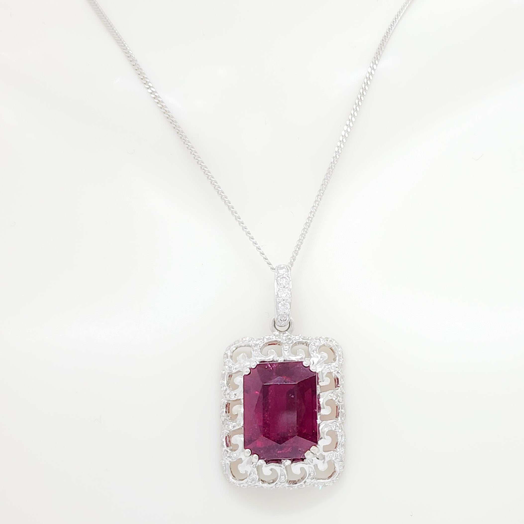 Rubellite Emerald Cut and White Diamond Pendant Necklace in 18k In New Condition For Sale In Los Angeles, CA