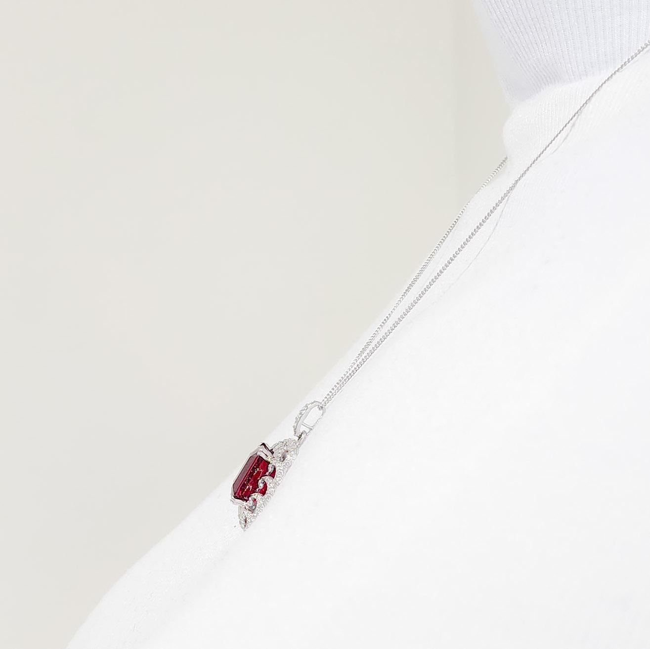Women's or Men's Rubellite Emerald Cut and White Diamond Pendant Necklace in 18k For Sale