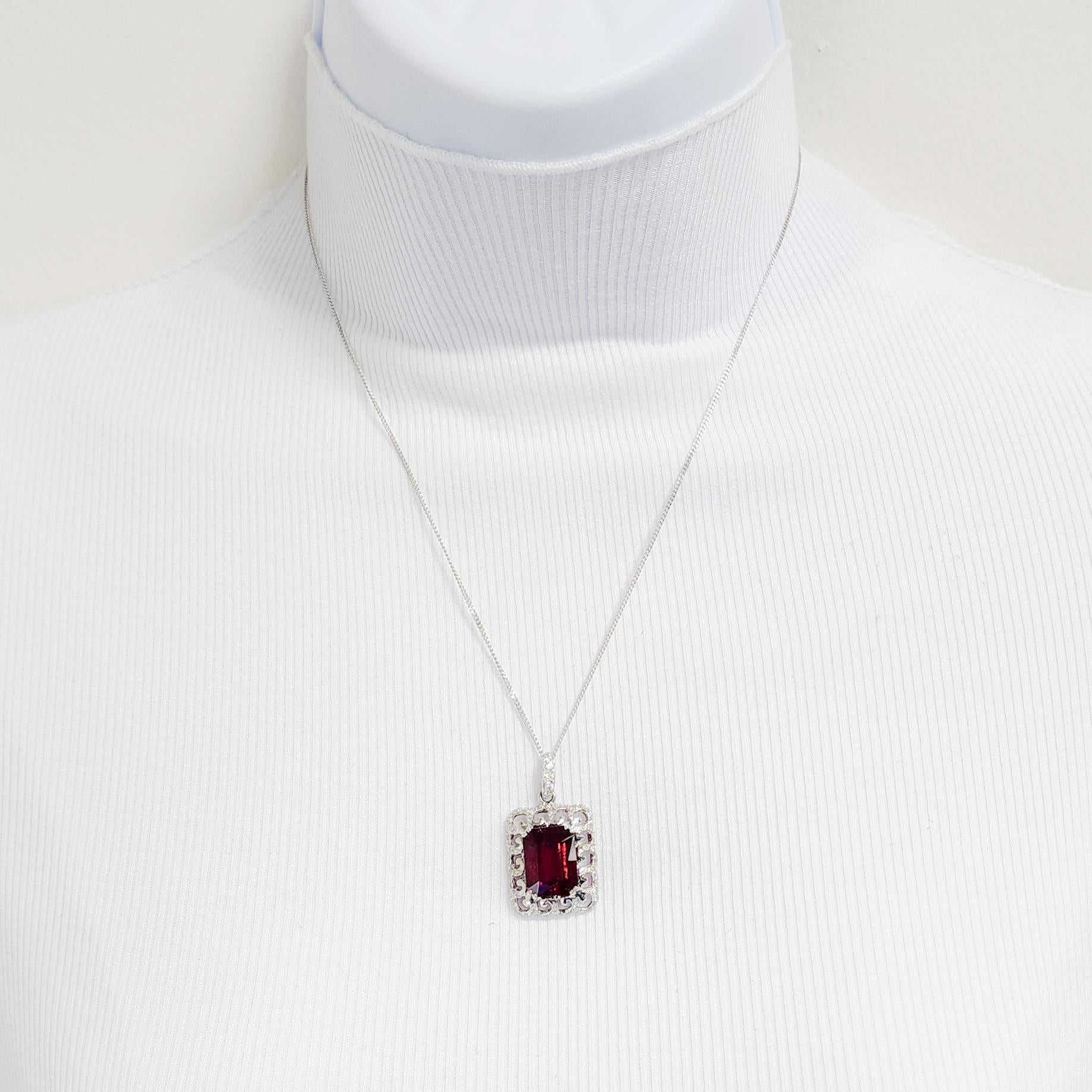Rubellite Emerald Cut and White Diamond Pendant Necklace in 18k For Sale 1