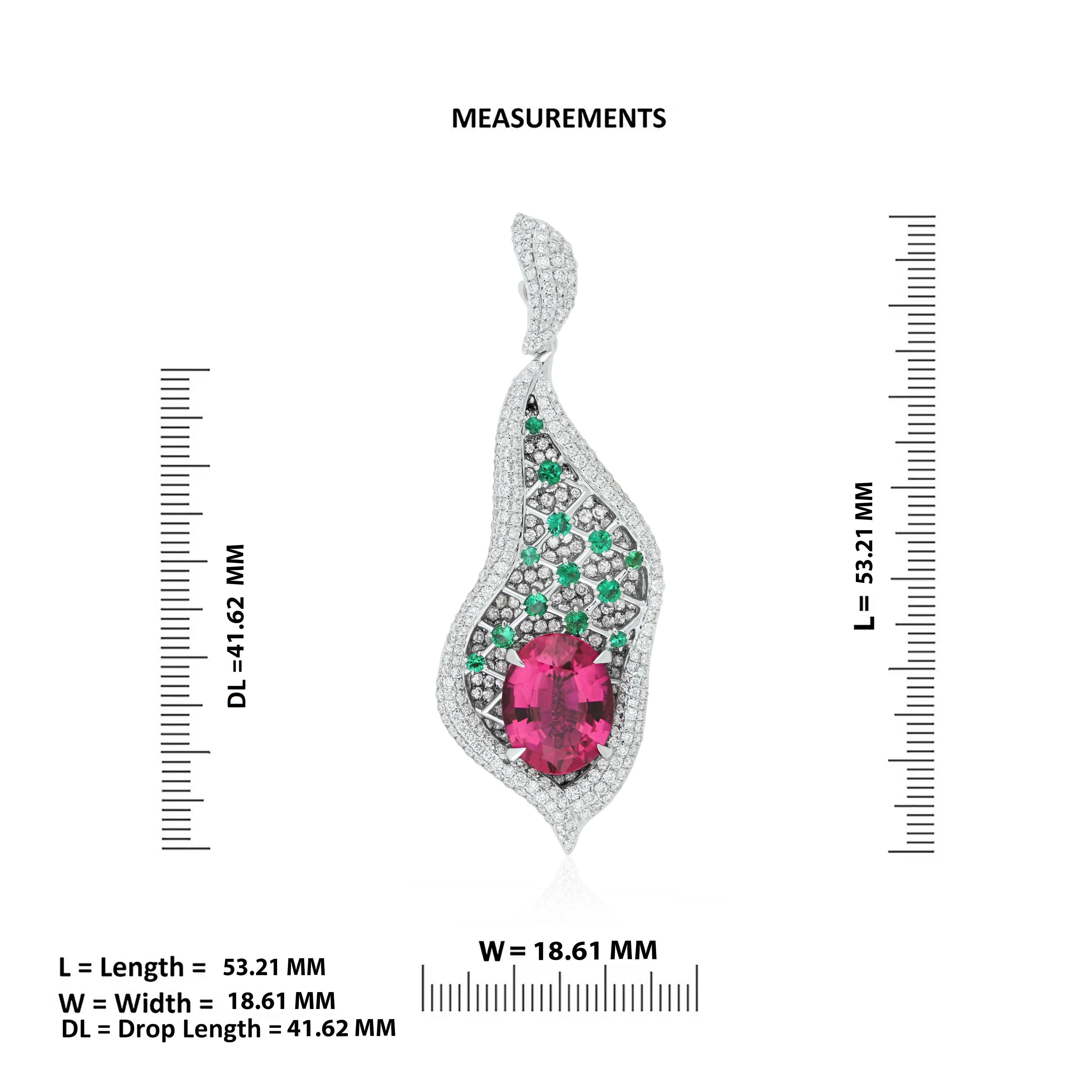 Rubellite, Emeralds & Diamond Studded Pendant in 18K White Gold In New Condition For Sale In JAIPUR, IN