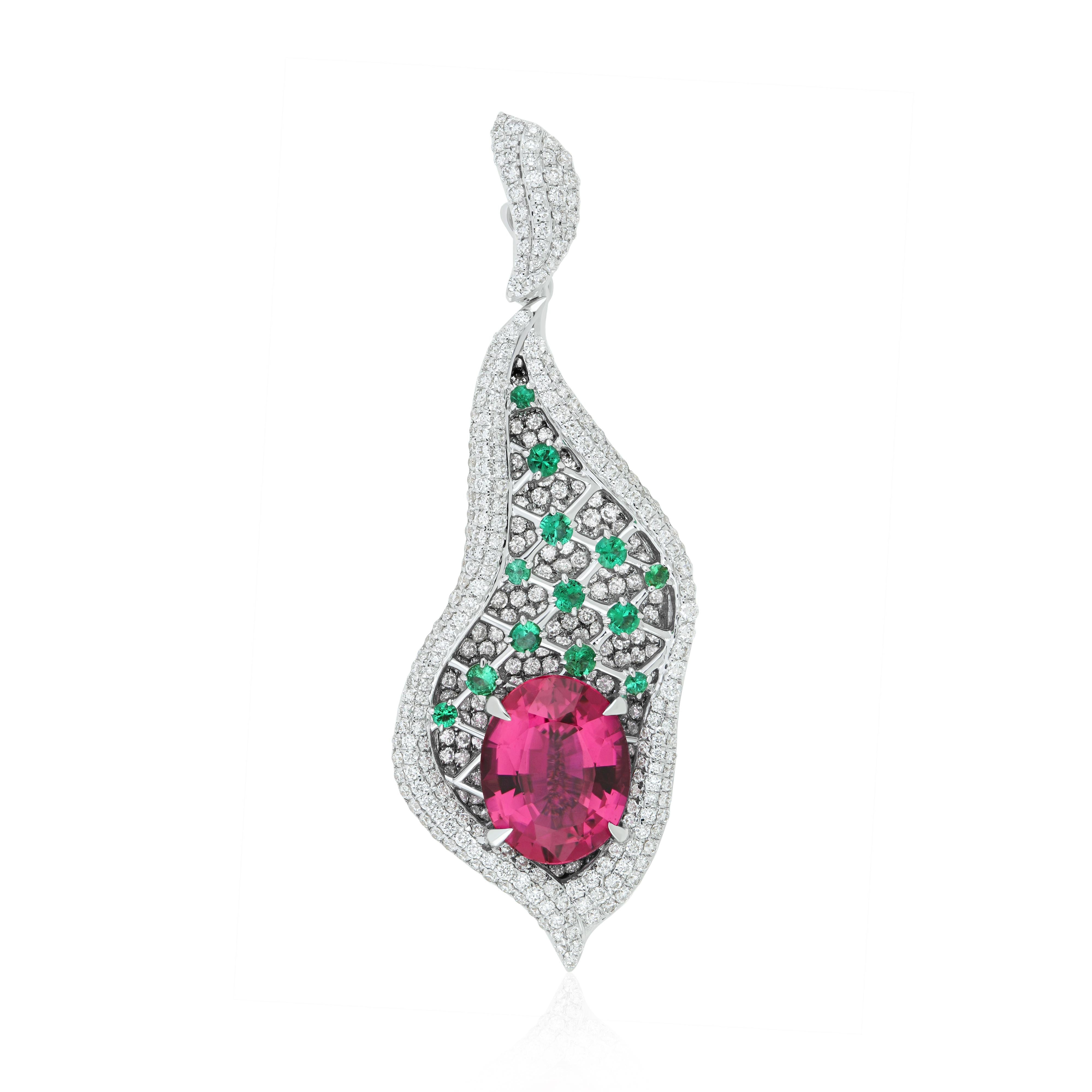 Women's Rubellite, Emeralds & Diamond Studded Pendant in 18K White Gold For Sale