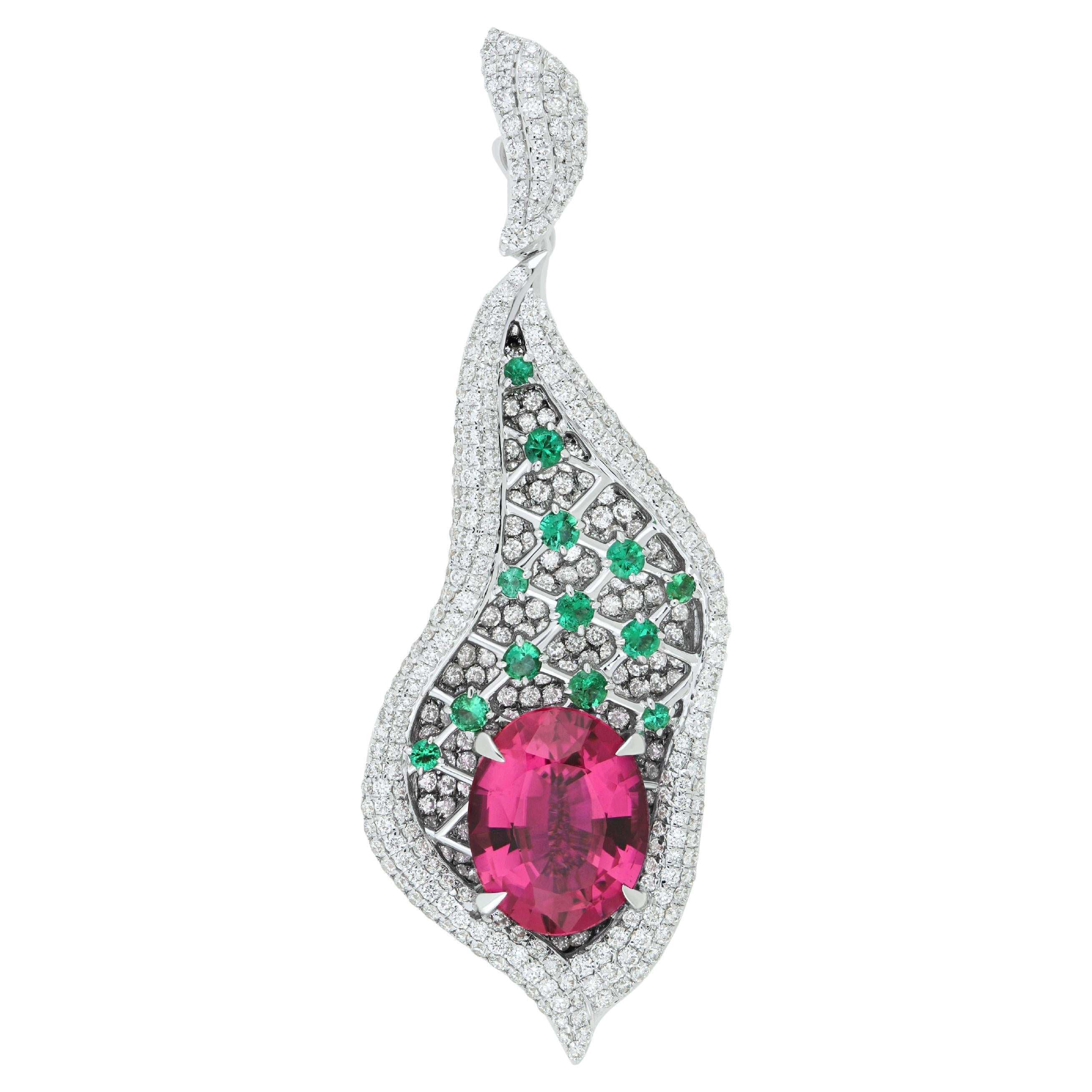 Rubellite, Emeralds & Diamond Studded Pendant in 18K White Gold For Sale