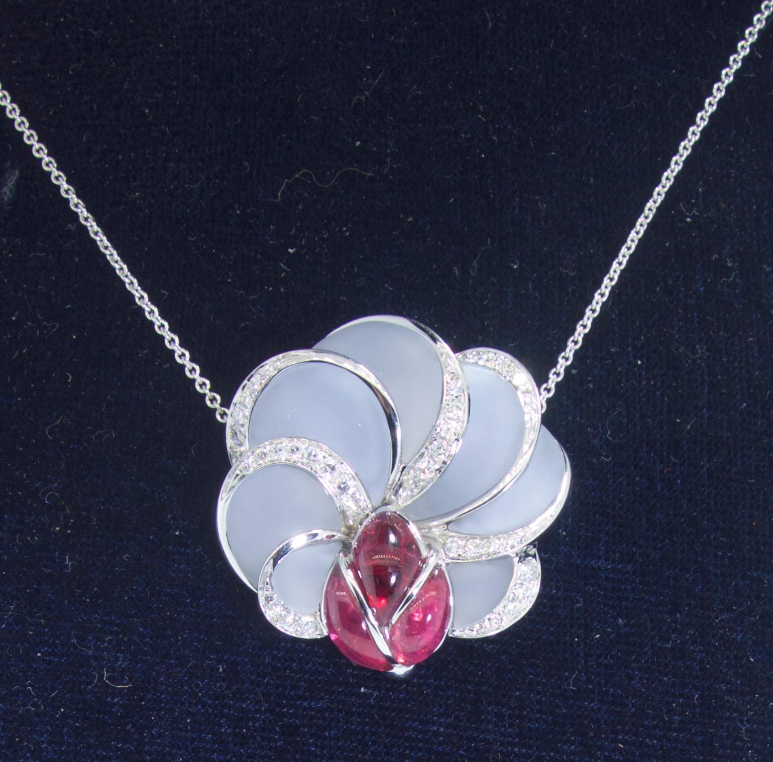 Modern Rubellite, Frosted Light Blue Chalcedony and Diamond Floral Motif Necklace