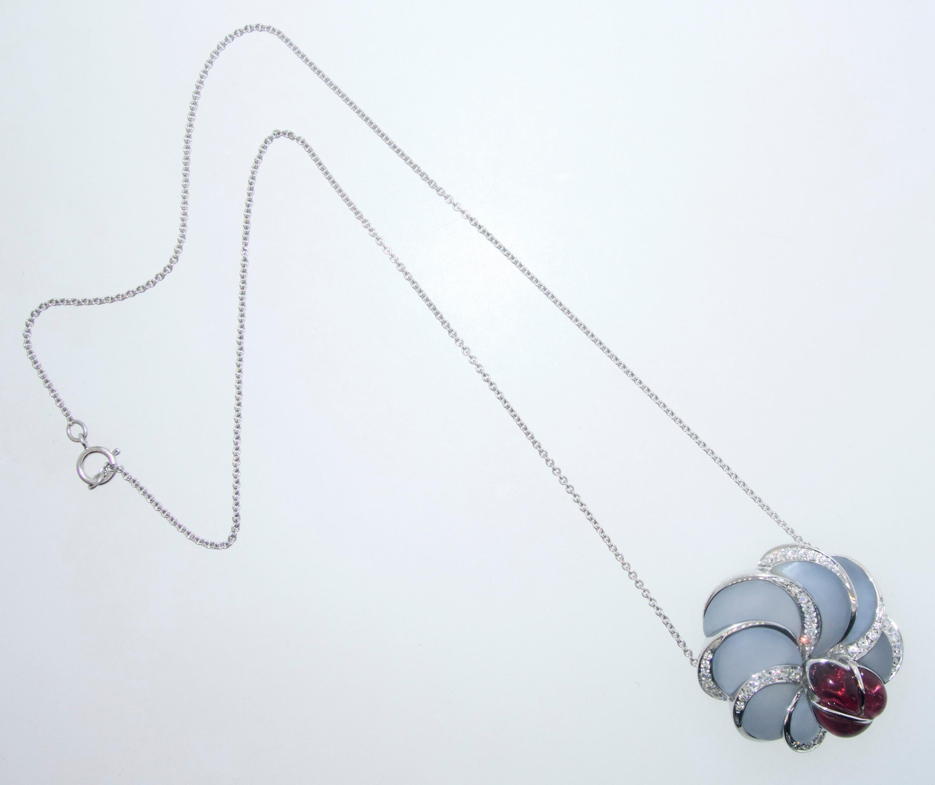 Cabochon Rubellite, Frosted Light Blue Chalcedony and Diamond Floral Motif Necklace