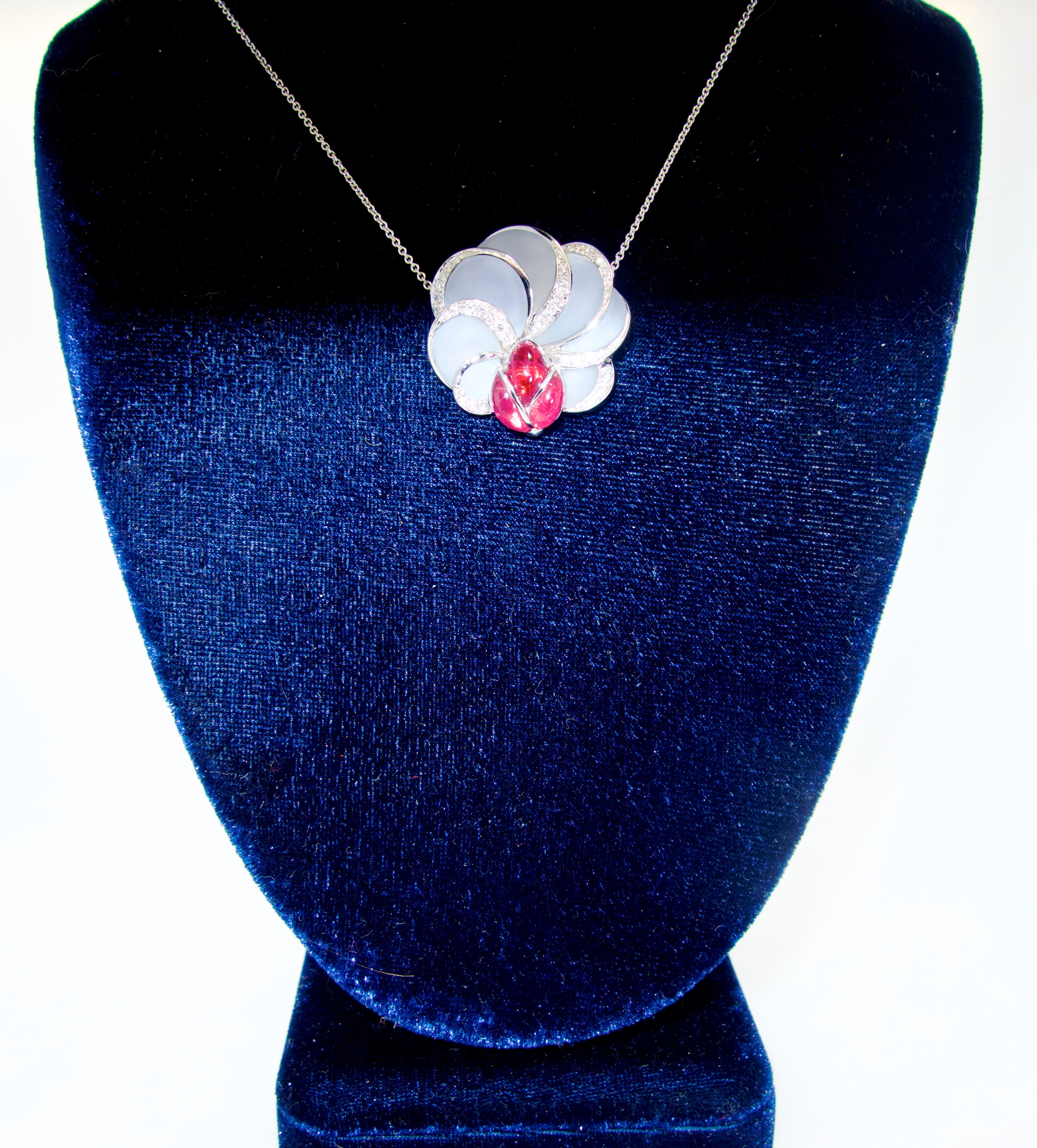 Women's or Men's Rubellite, Frosted Light Blue Chalcedony and Diamond Floral Motif Necklace