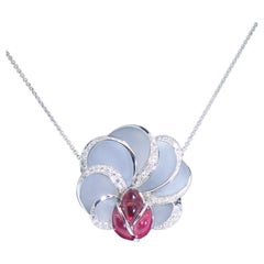Rubellite, Frosted Light Blue Chalcedony and Diamond Floral Motif Necklace