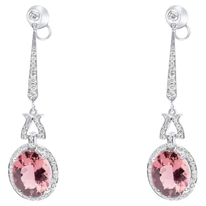 Oval Pink Tourmaline Rubellite Diamond 18 Karat White Gold Drop Line Earrings For Sale
