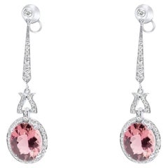 Oval Pink Tourmaline Rubellite Diamond 18 Karat White Gold Drop Line Earrings