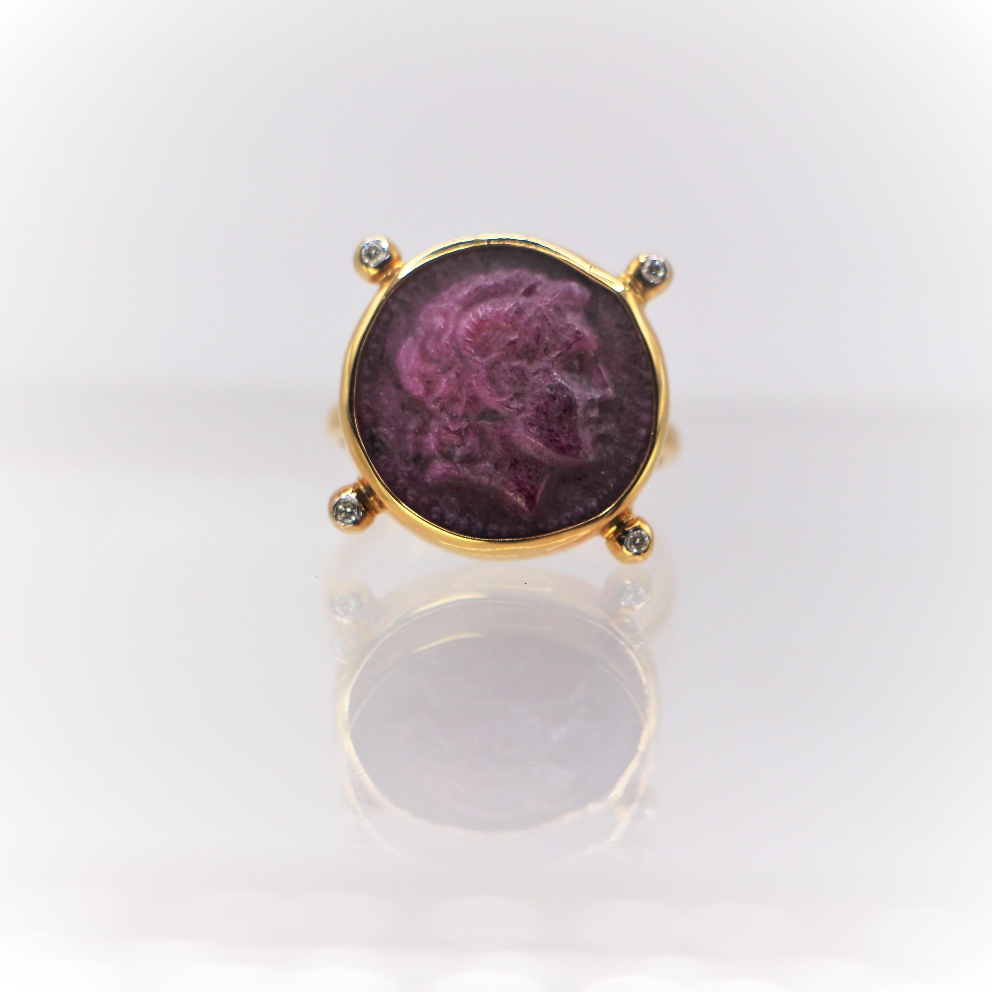Rubellite Grecian - Ancient Style ring, handcrafted in 18Kt Gold Ring, with Alexander the Great and Diamonds. The simple base of the ring,  the carved rubellite, cut in fine round shape, and the deep red of the stone with the elegant combination of