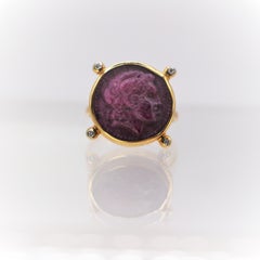 Rubellite Grecian Style 18Kt Gold Ring with Alexander the Great and Diamonds