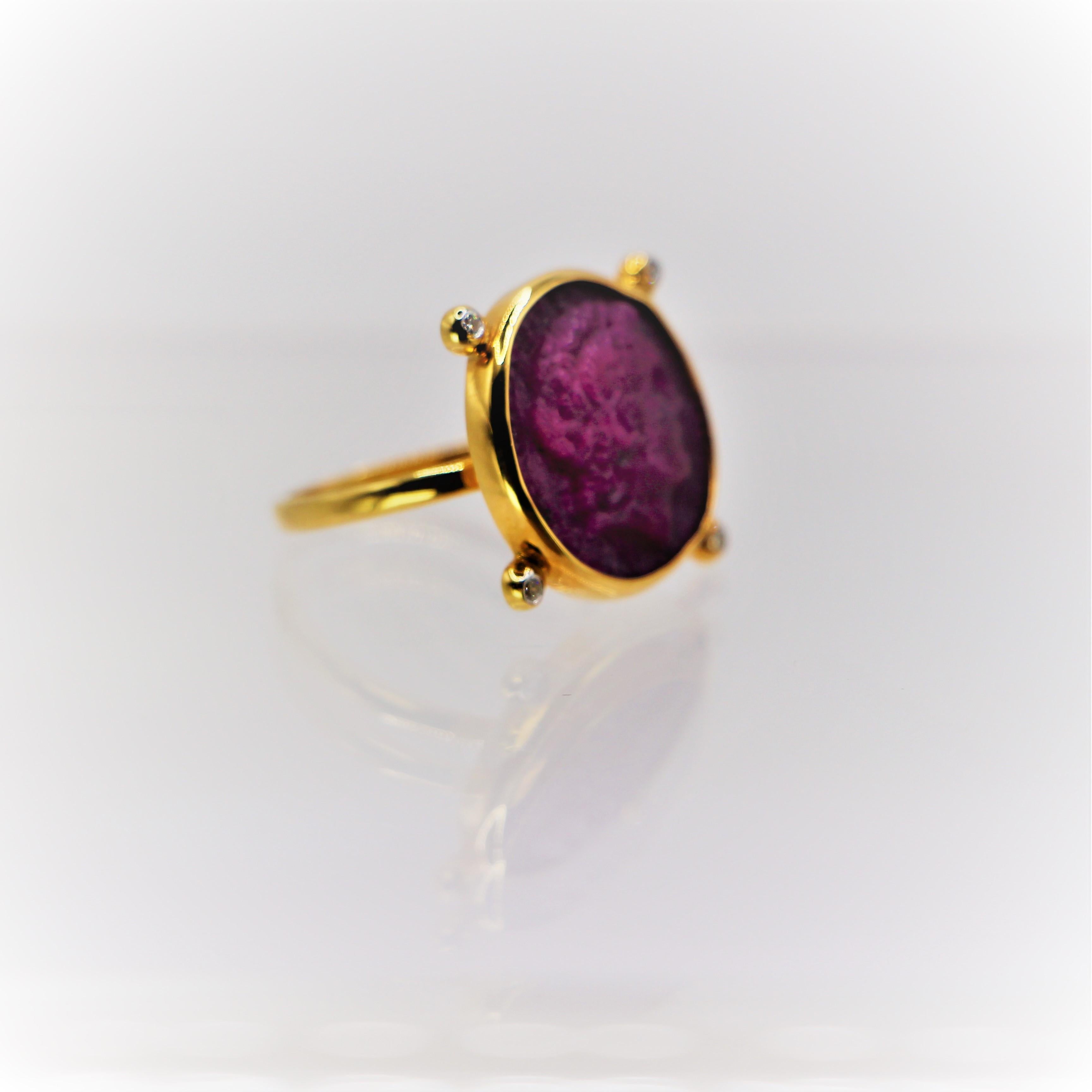 Greek Revival Rubellite Grecian Style 18Kt Gold Ring with Alexander the Great and Diamonds For Sale