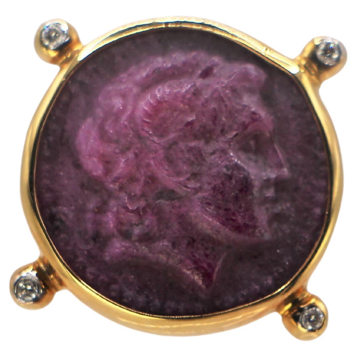 Rubellite Grecian Style 18Kt Gold Ring with Alexander the Great and Diamonds For Sale