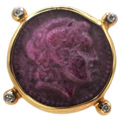 Rubellite Grecian Style 18Kt Gold Ring with Alexander the Great and Diamonds