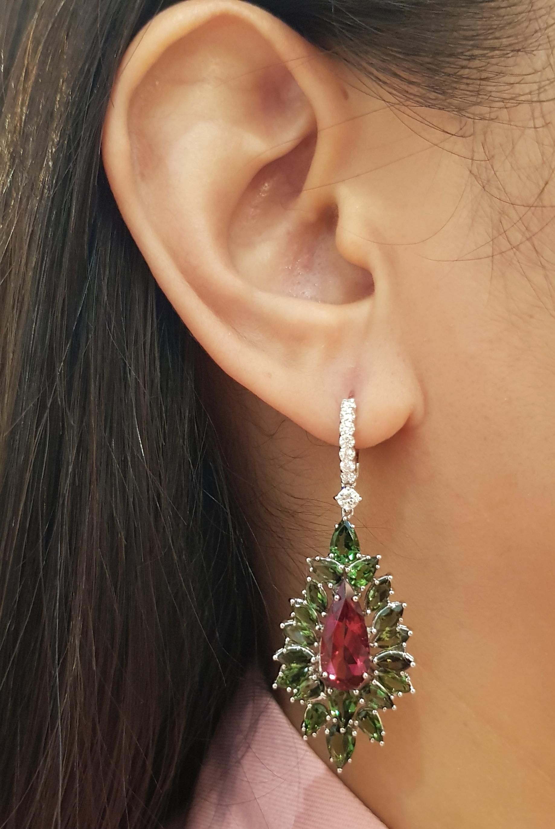 Rubellite 4.41 carats, Green Tourmaline 6.94 carats and Diamond 0.43 carat Earrings set in 18K White Gold Settings

Width: 1.9 cm 
Length: 4.8 cm
Total Weight: 11.72 grams


