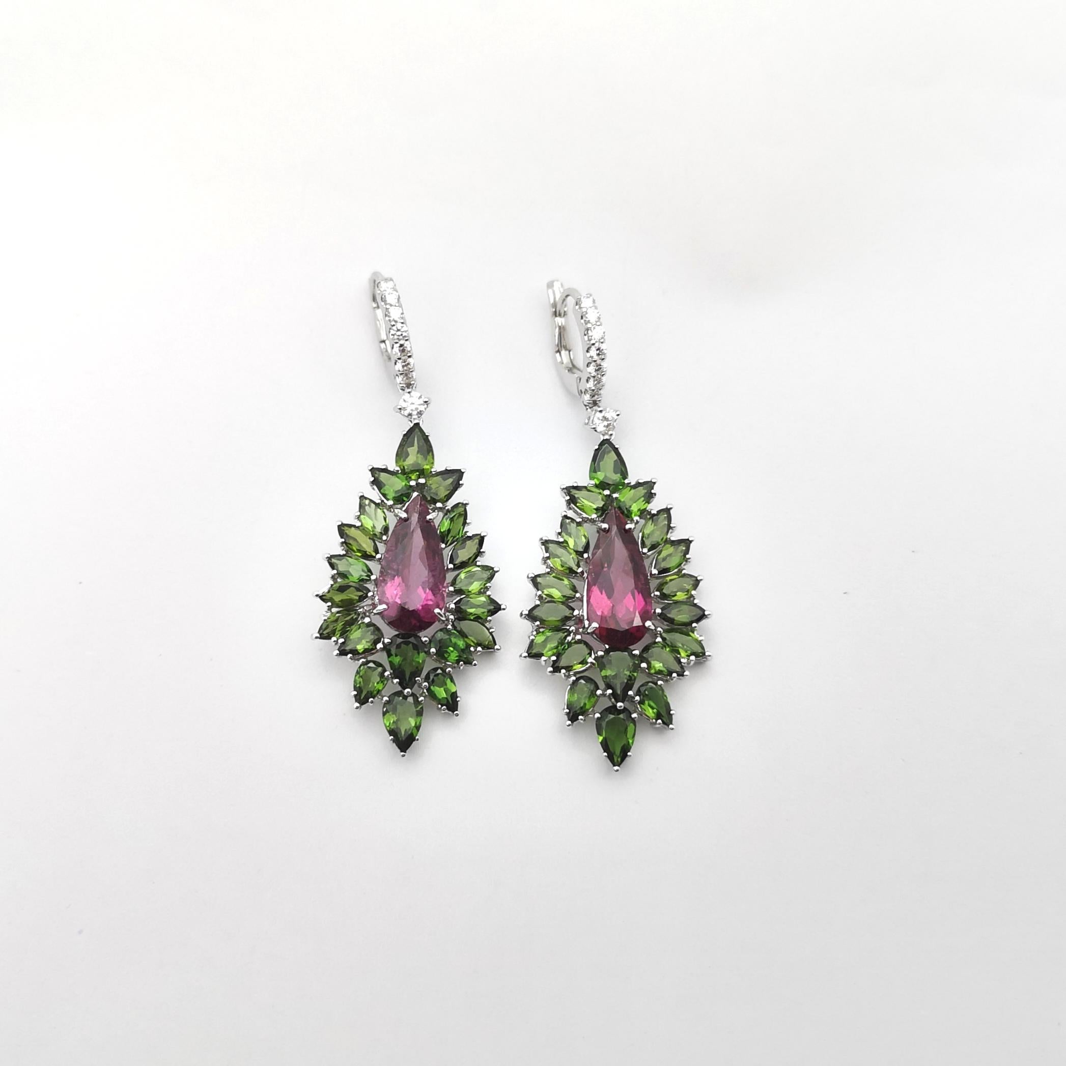 Mixed Cut Rubellite, Green Tourmaline and Diamond Earrings set in 18K White Gold Settings For Sale