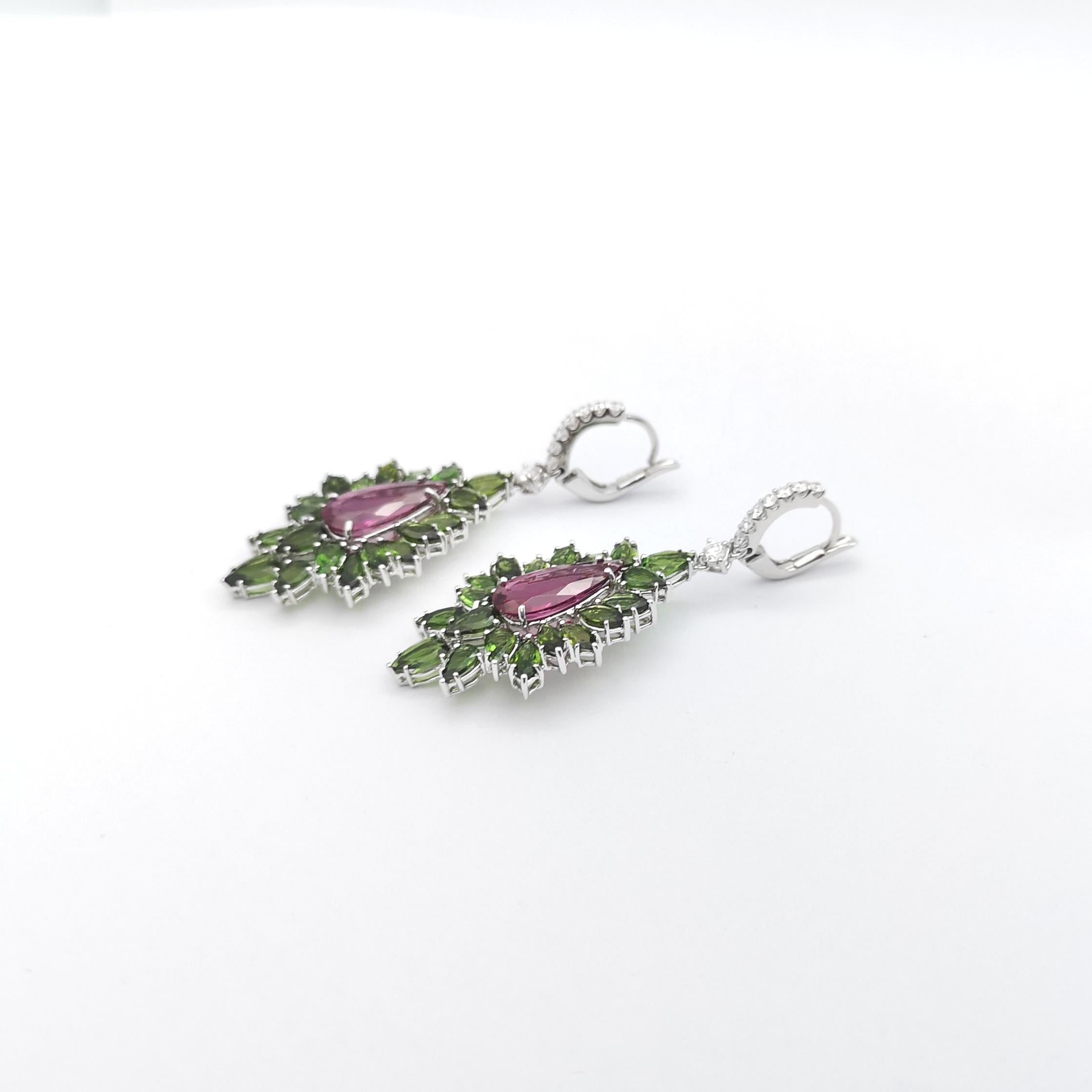 Rubellite, Green Tourmaline and Diamond Earrings set in 18K White Gold Settings For Sale 1