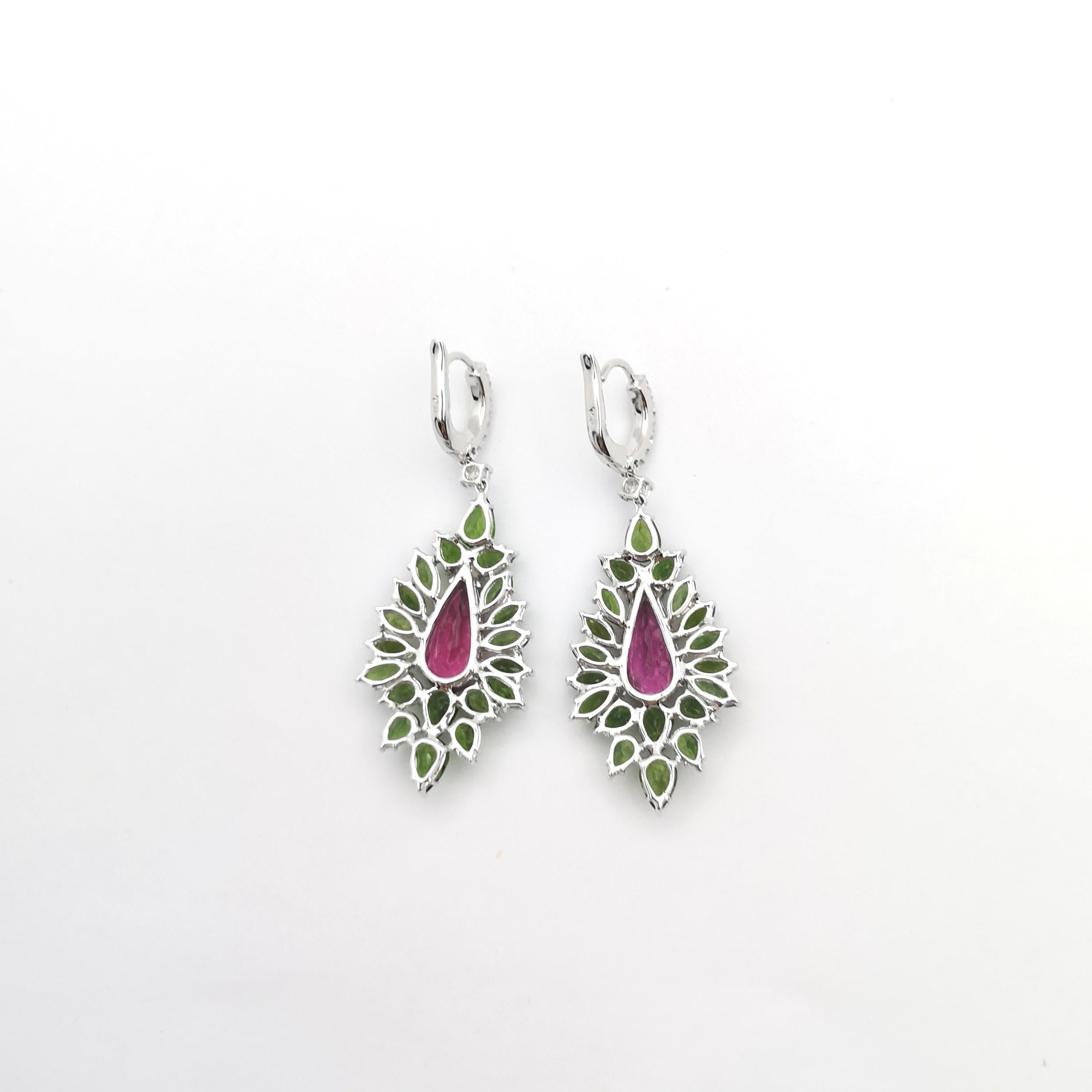 Rubellite, Green Tourmaline and Diamond Earrings set in 18K White Gold Settings For Sale 2