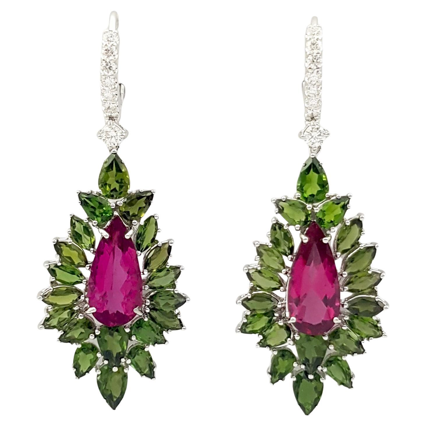 Rubellite, Green Tourmaline and Diamond Earrings set in 18K White Gold Settings For Sale
