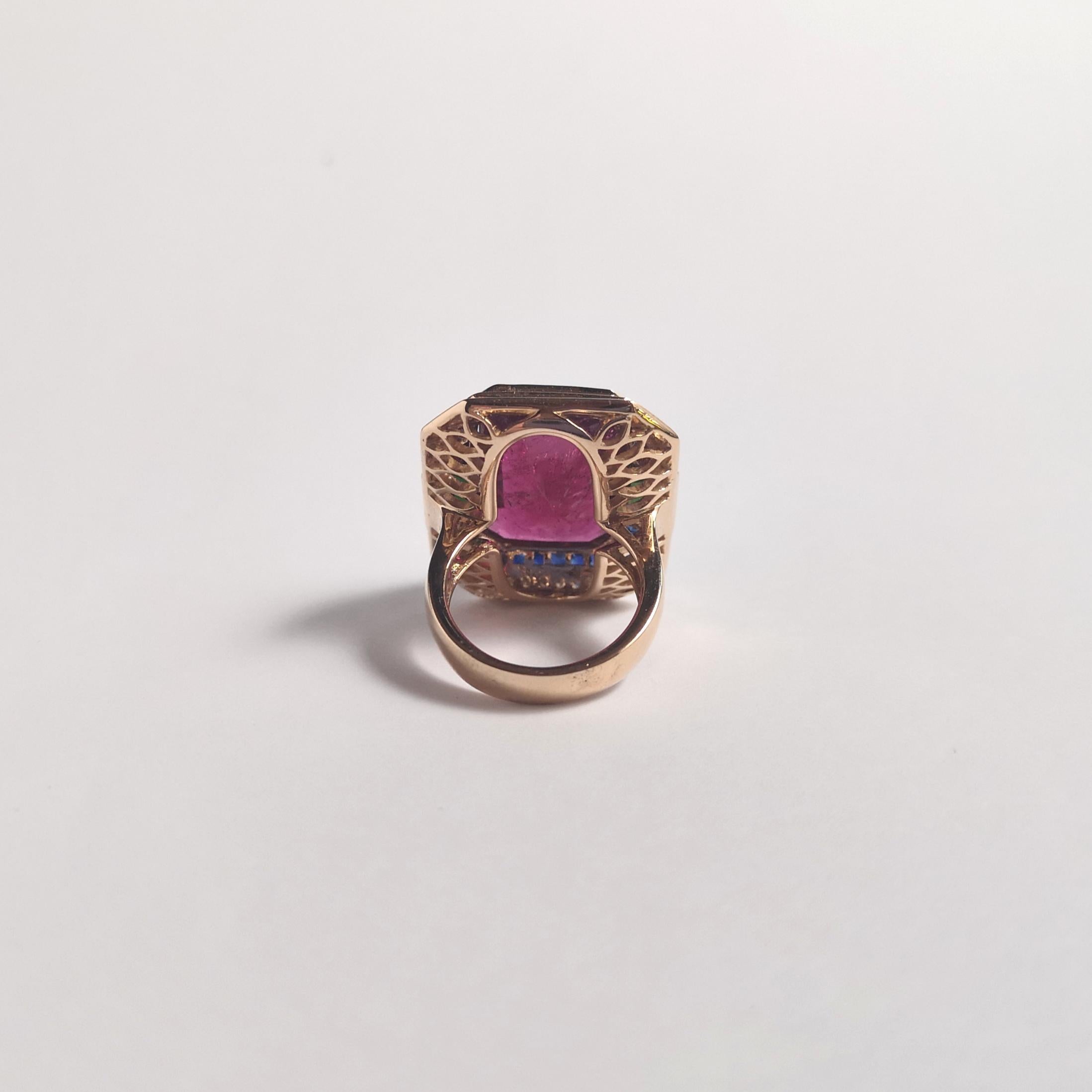 Rubellite, Green Tourmaline, Brown Diamond, Blue Sapphire Ring 18K Rose Gold For Sale 4