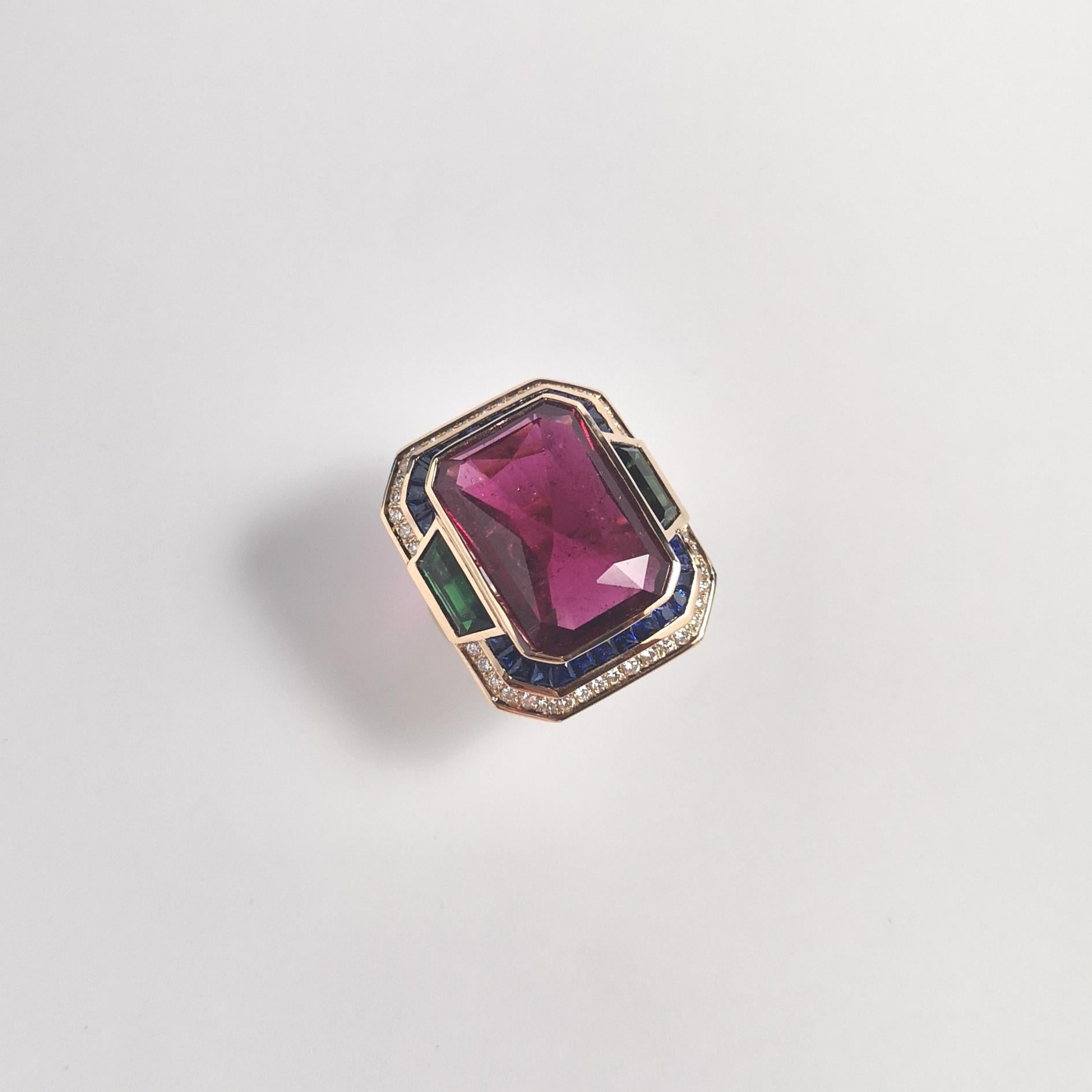 Rubellite, Green Tourmaline, Brown Diamond, Blue Sapphire Ring 18K Rose Gold For Sale 5