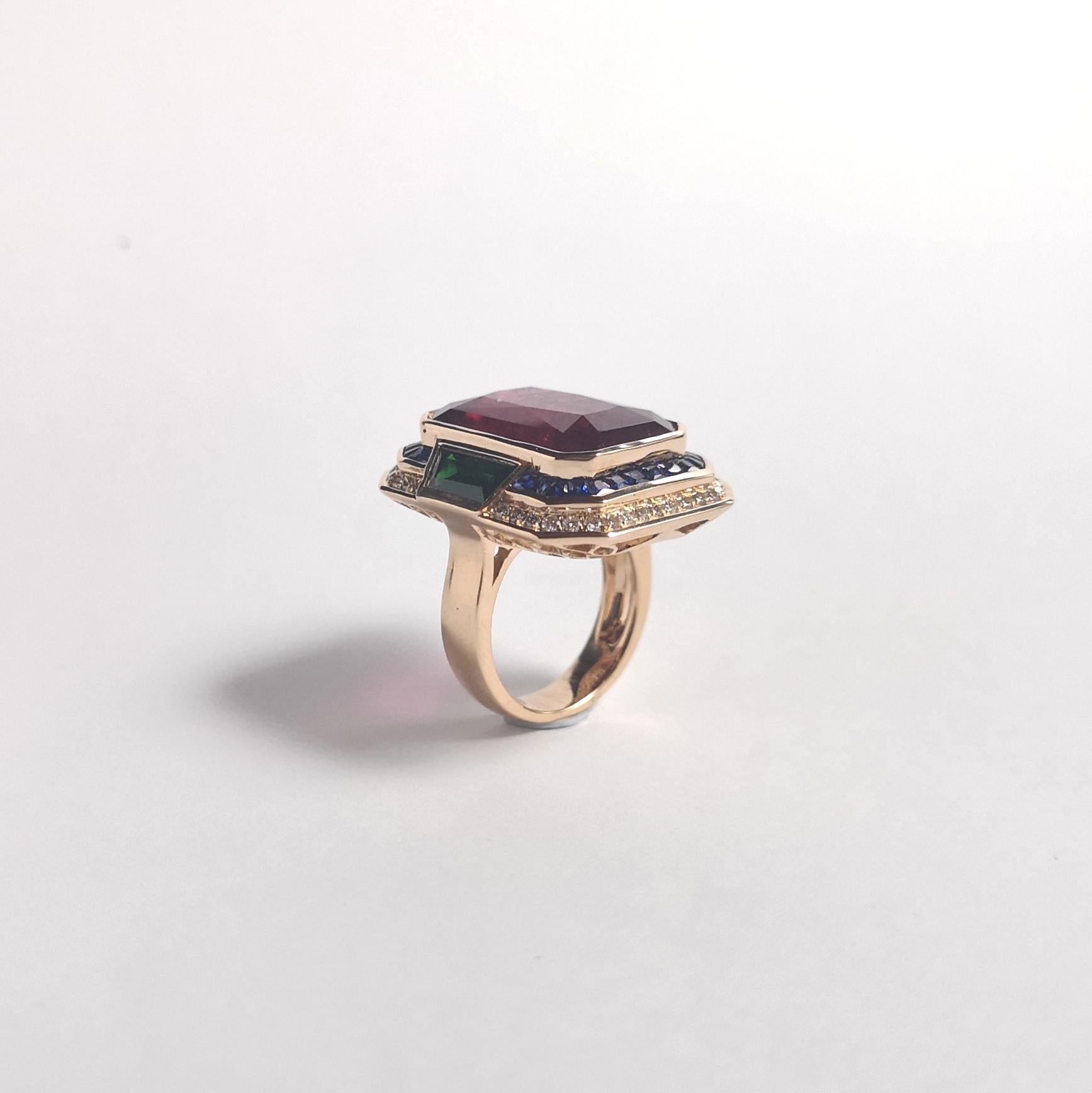 Rubellite, Green Tourmaline, Brown Diamond, Blue Sapphire Ring 18K Rose Gold For Sale 6