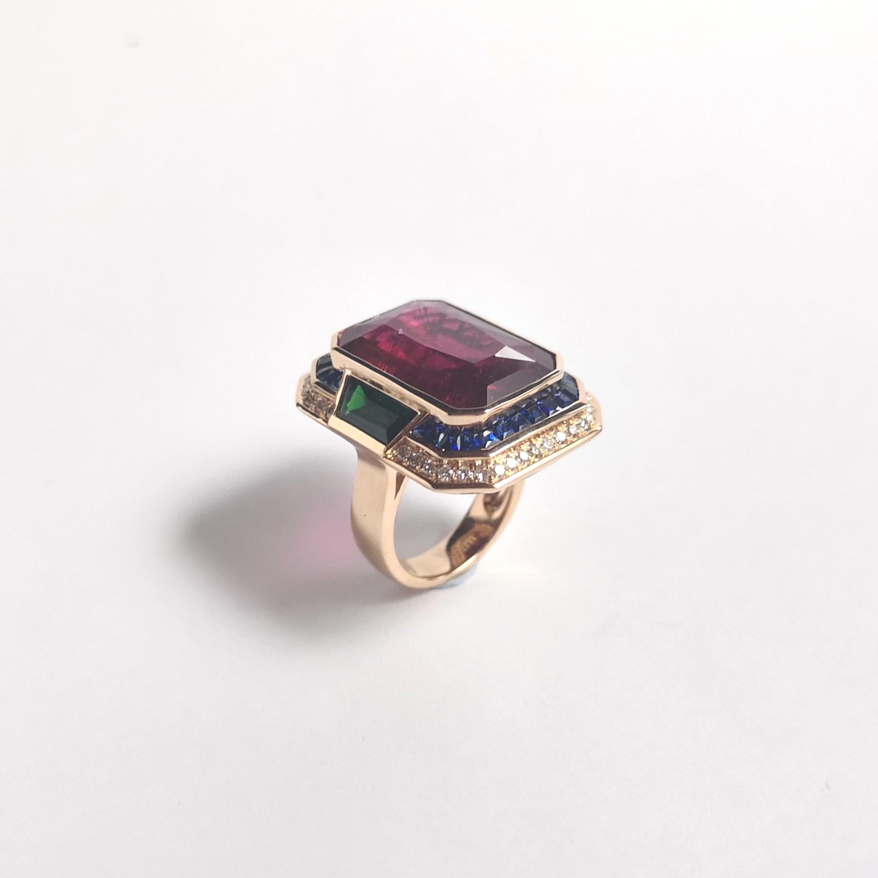 Rubellite, Green Tourmaline, Brown Diamond, Blue Sapphire Ring 18K Rose Gold For Sale 7