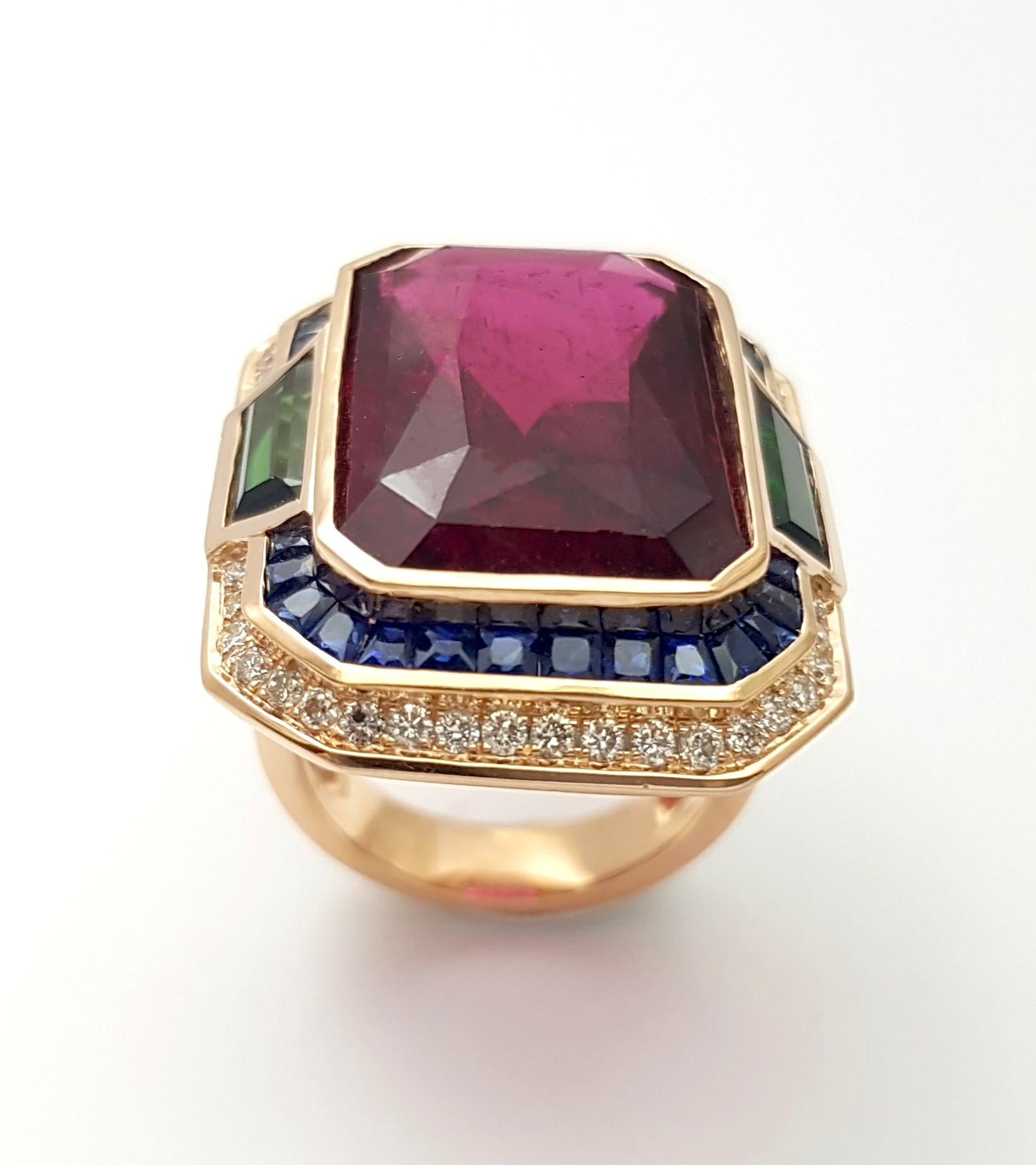 Rubellite, Green Tourmaline, Brown Diamond, Blue Sapphire Ring 18K Rose Gold For Sale 8