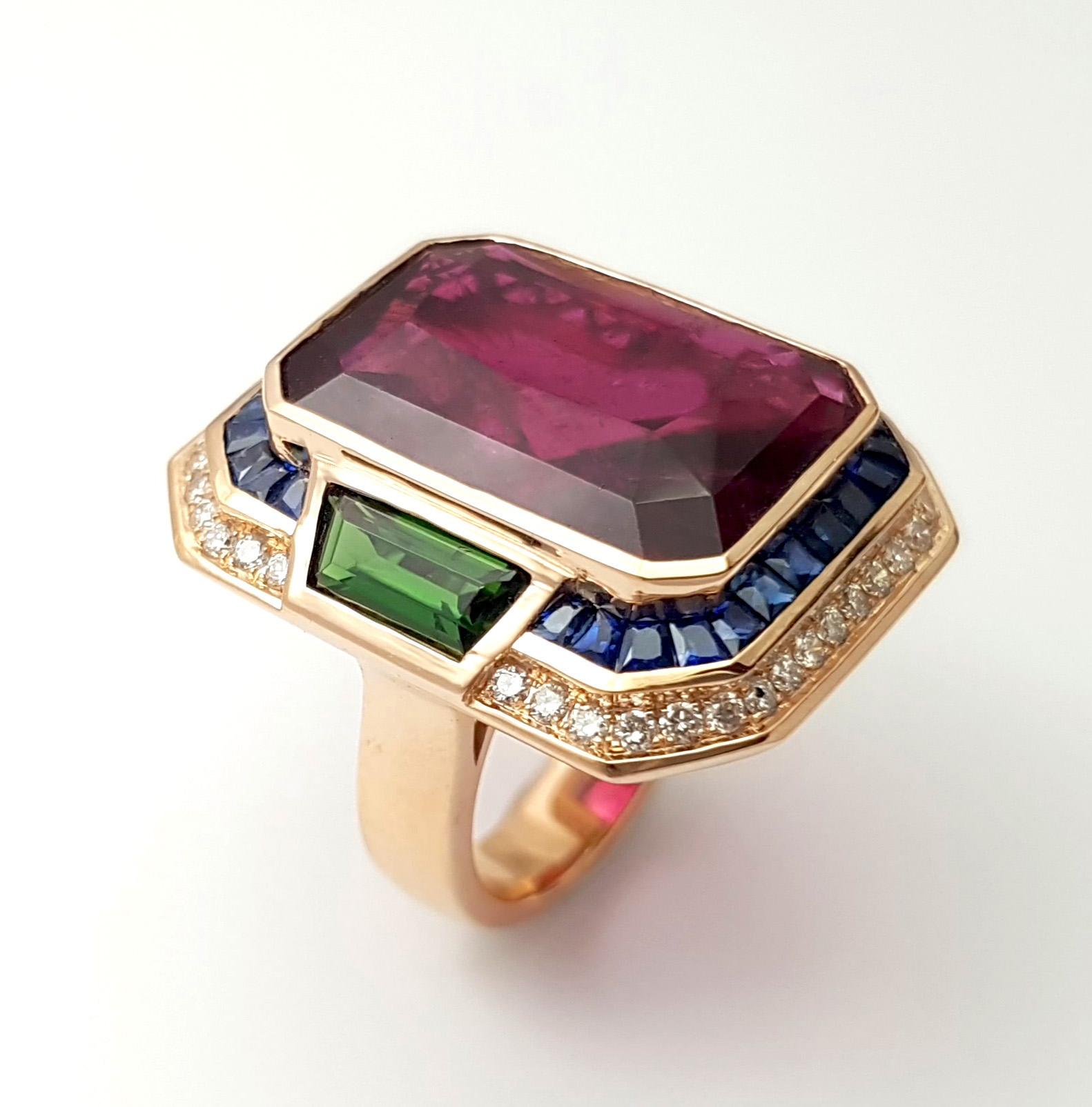 Rubellite, Green Tourmaline, Brown Diamond, Blue Sapphire Ring 18K Rose Gold For Sale 9