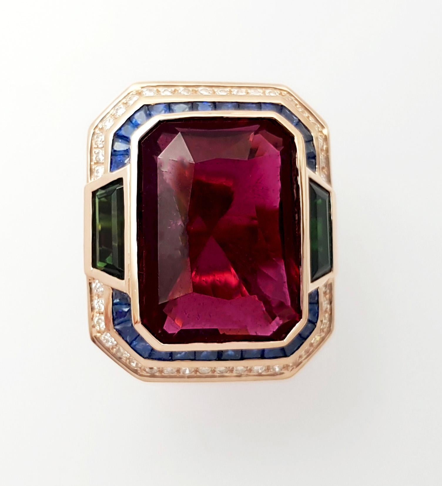 Rubellite, Green Tourmaline, Brown Diamond, Blue Sapphire Ring 18K Rose Gold For Sale 10
