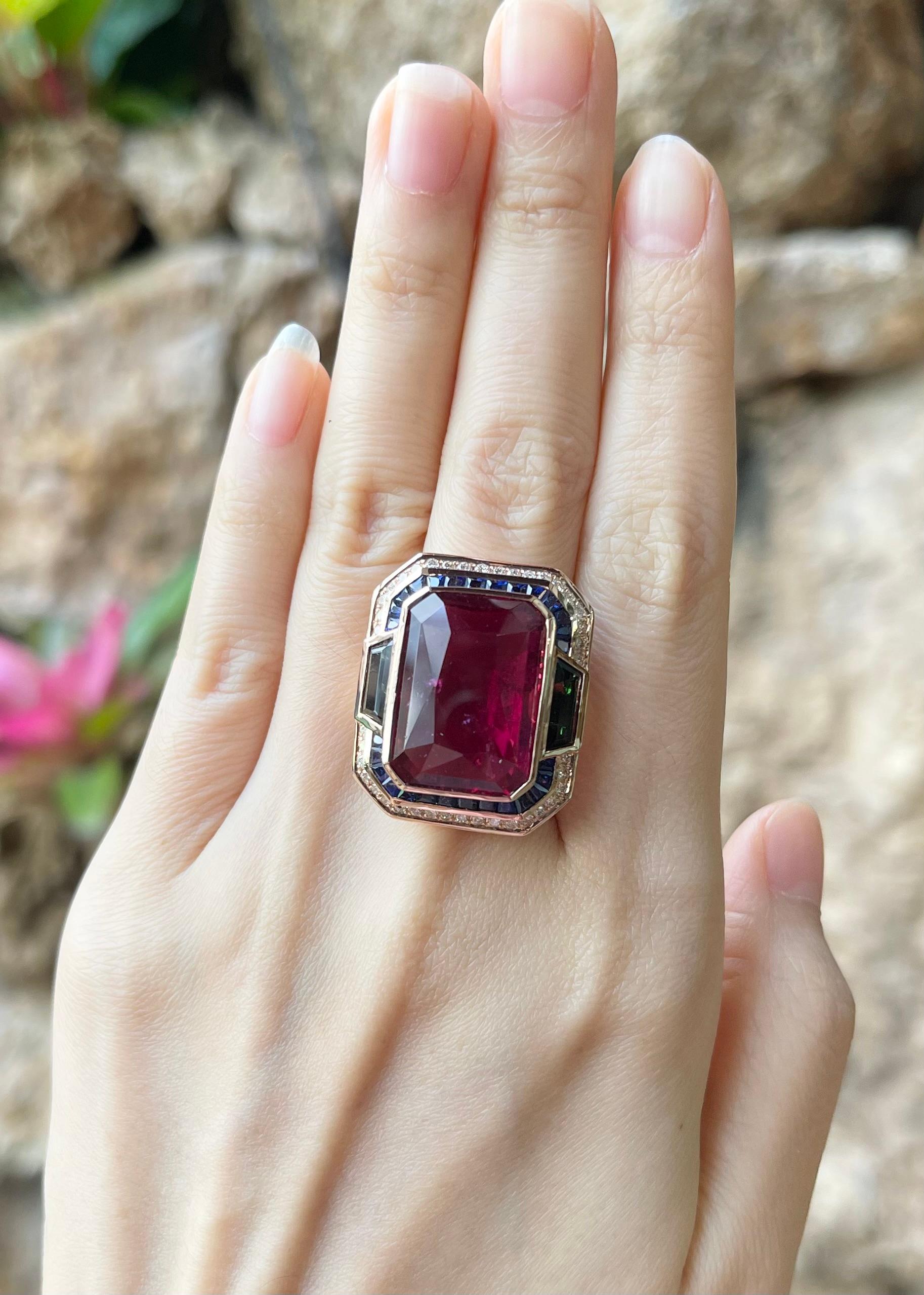 Rubellite 18.11 carats, Green Tourmaline 2.98 carats, Blue Sapphire 2.01 carats and Brown Diamond 0.56 carat Ring set in 18K Rose Gold Settings

Width:  2.4 cm 
Length: 2.8 cm
Ring Size: 53
Total Weight: 19.47 grams

