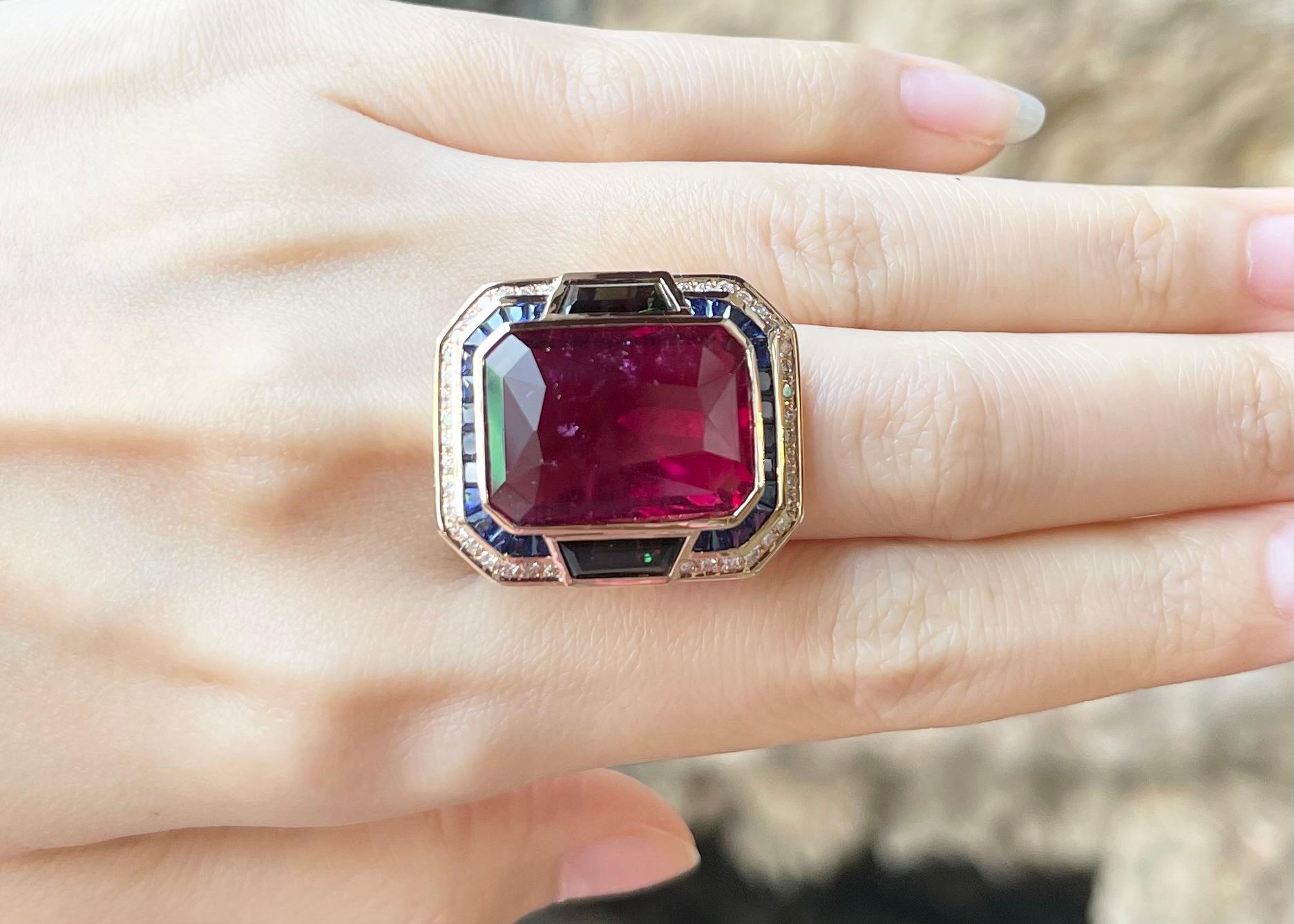 Art Deco Rubellite, Green Tourmaline, Brown Diamond, Blue Sapphire Ring 18K Rose Gold For Sale