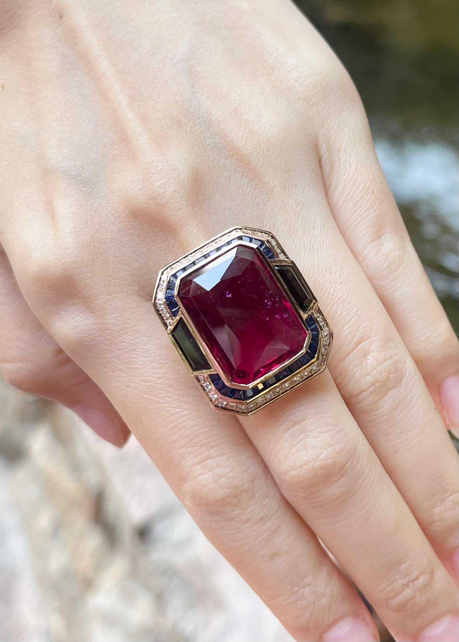 Emerald Cut Rubellite, Green Tourmaline, Brown Diamond, Blue Sapphire Ring 18K Rose Gold For Sale