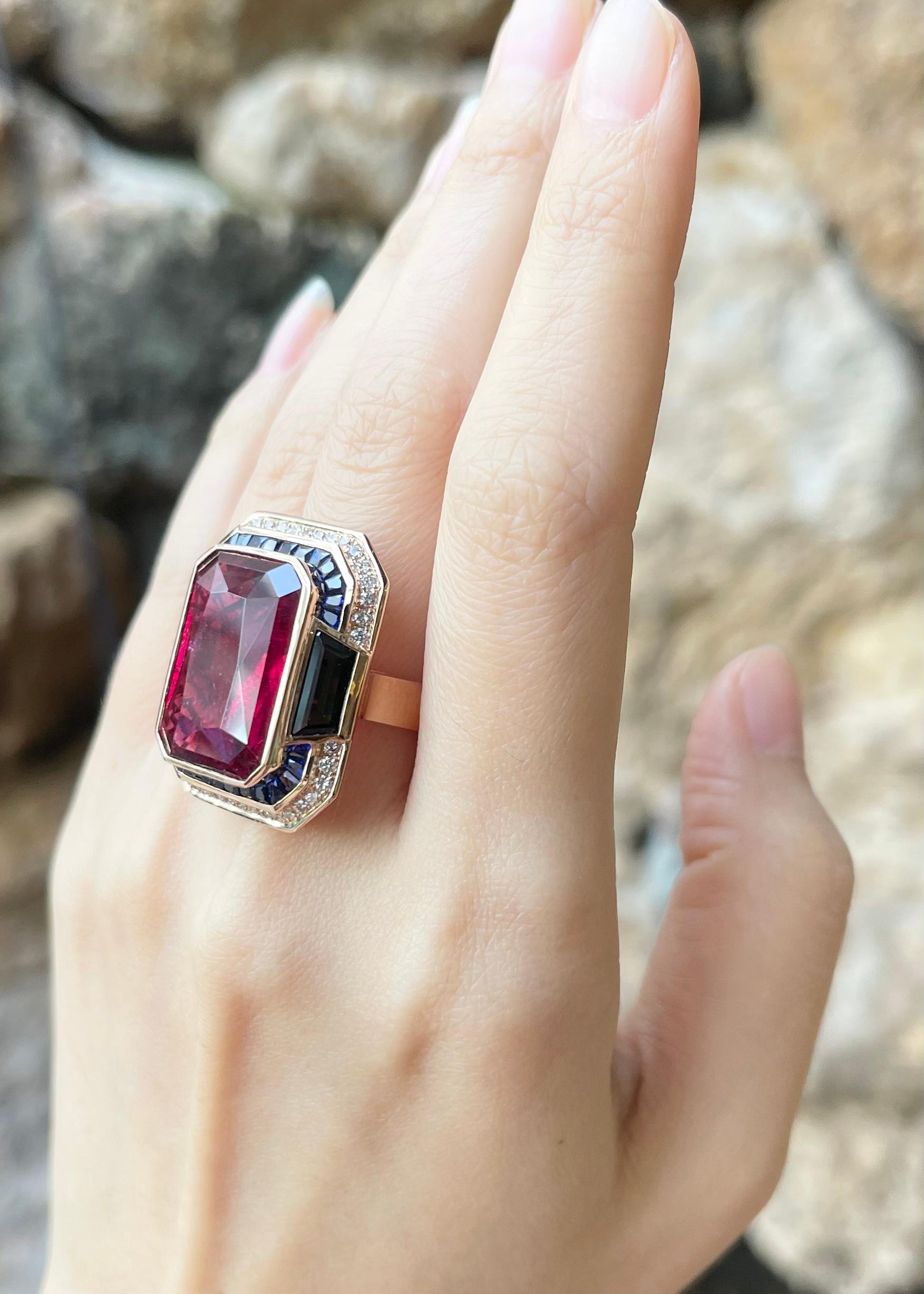 Rubellite, Green Tourmaline, Brown Diamond, Blue Sapphire Ring 18K Rose Gold In New Condition For Sale In Bangkok, TH