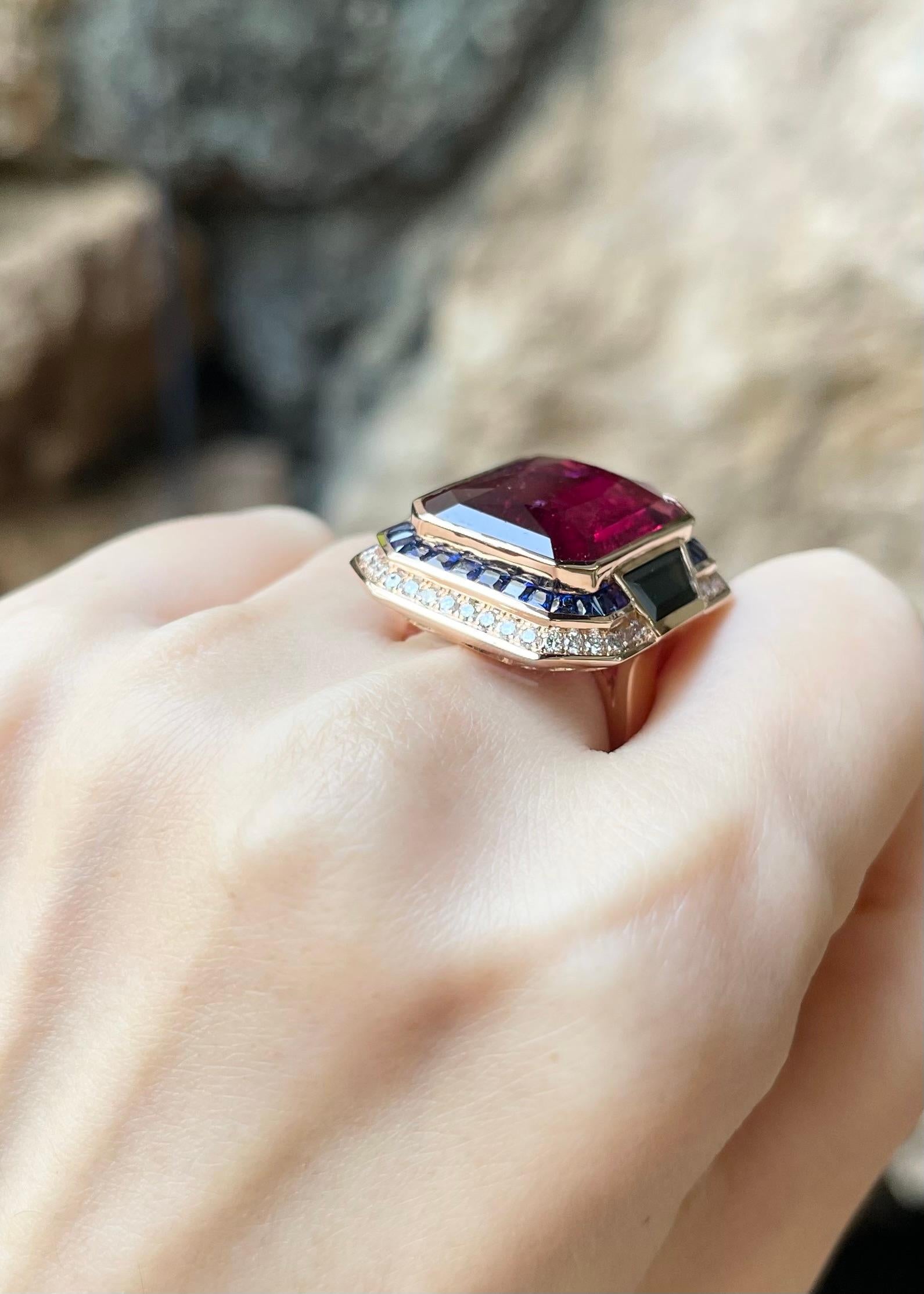 Women's or Men's Rubellite, Green Tourmaline, Brown Diamond, Blue Sapphire Ring 18K Rose Gold For Sale