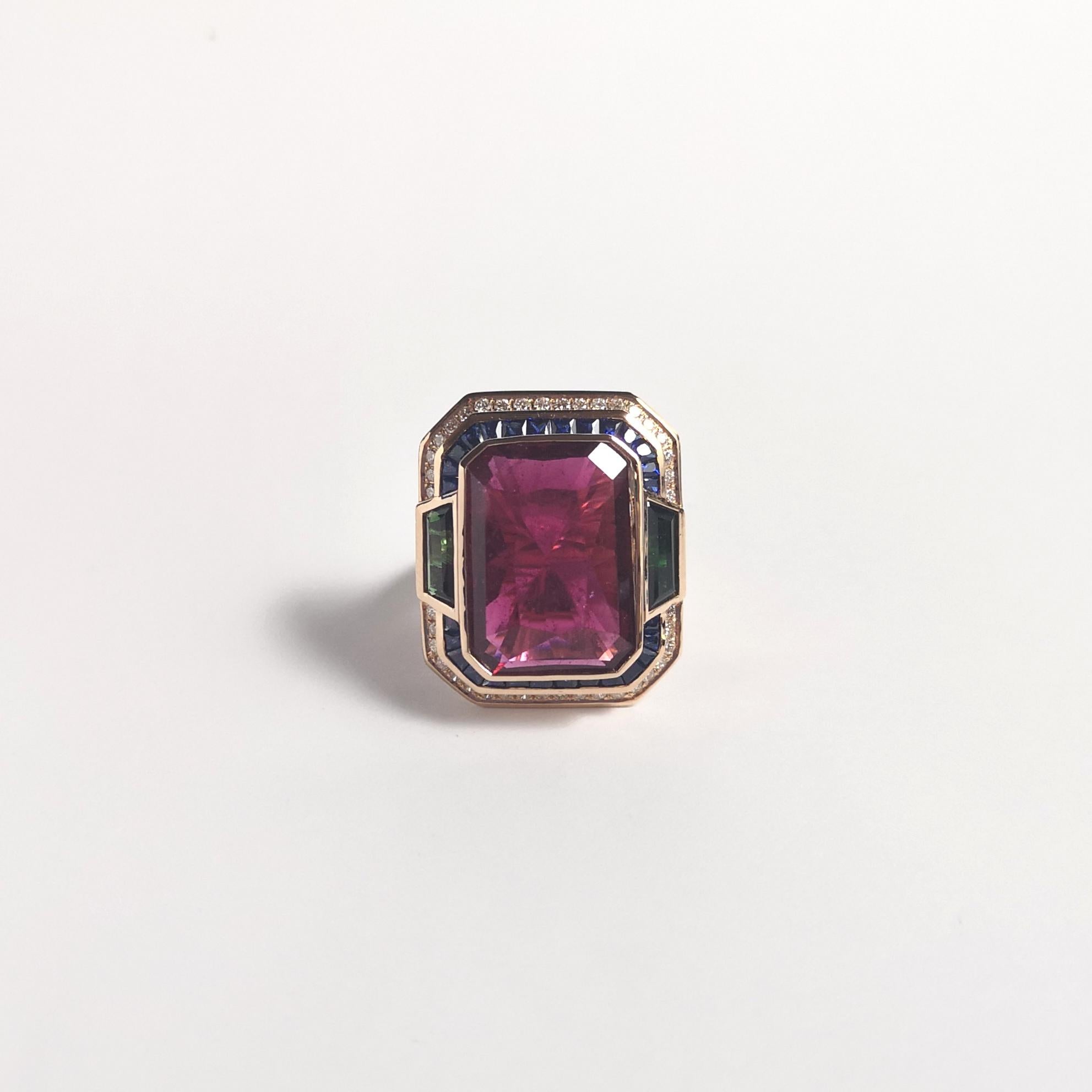 Rubellite, Green Tourmaline, Brown Diamond, Blue Sapphire Ring 18K Rose Gold For Sale 2