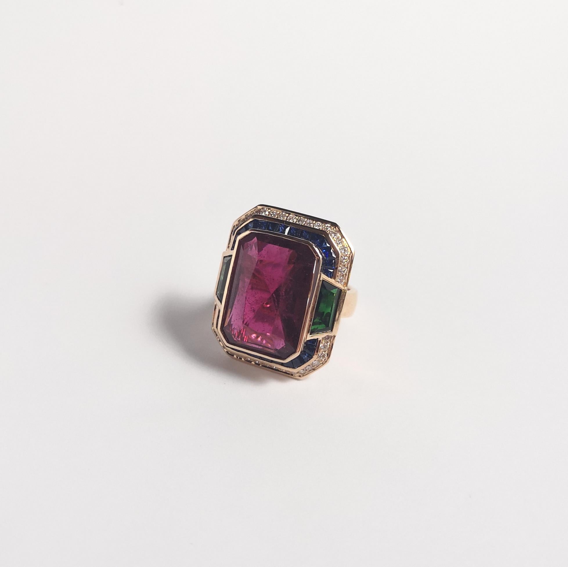 Rubellite, Green Tourmaline, Brown Diamond, Blue Sapphire Ring 18K Rose Gold For Sale 3