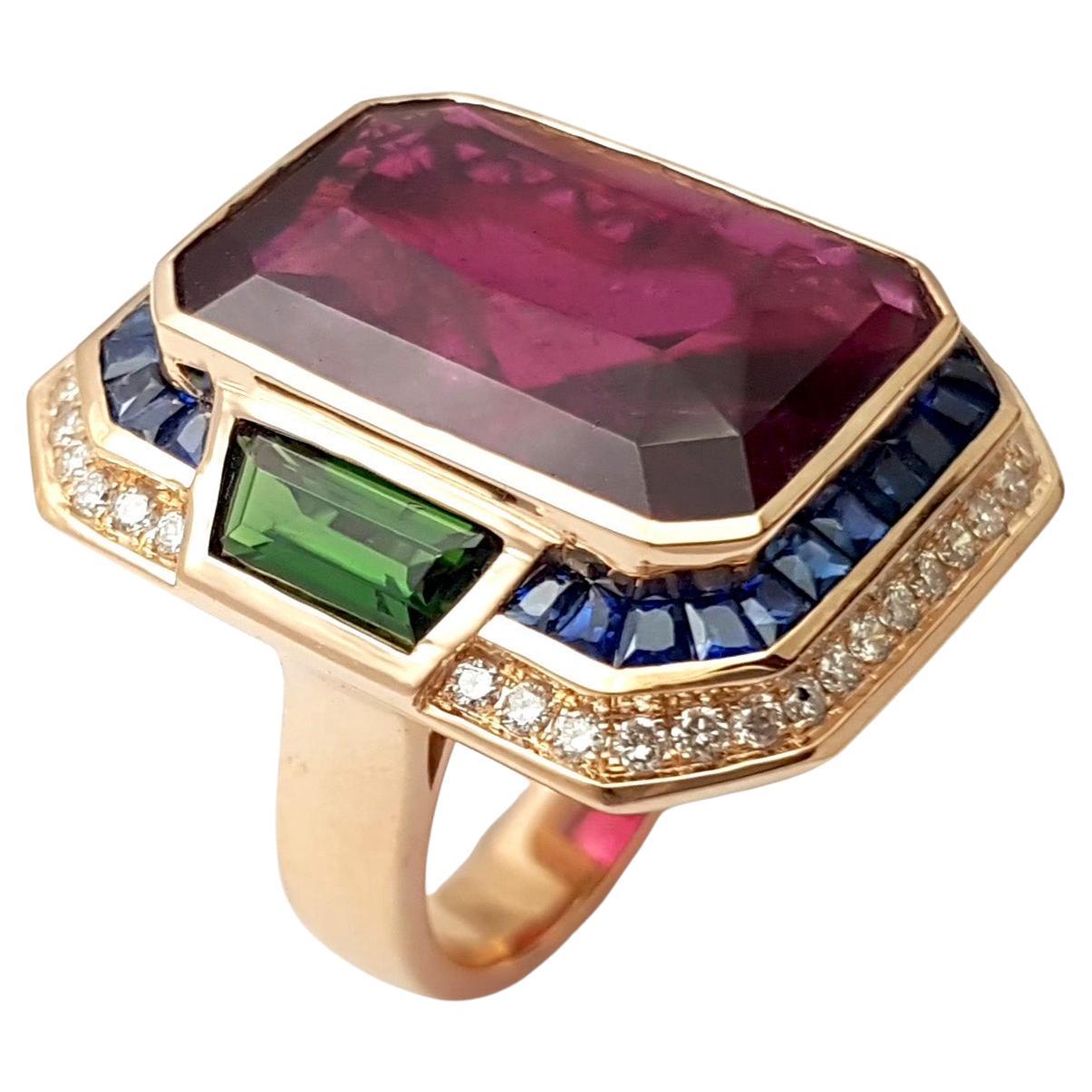 Rubellite, Green Tourmaline, Brown Diamond, Blue Sapphire Ring 18K Rose Gold For Sale